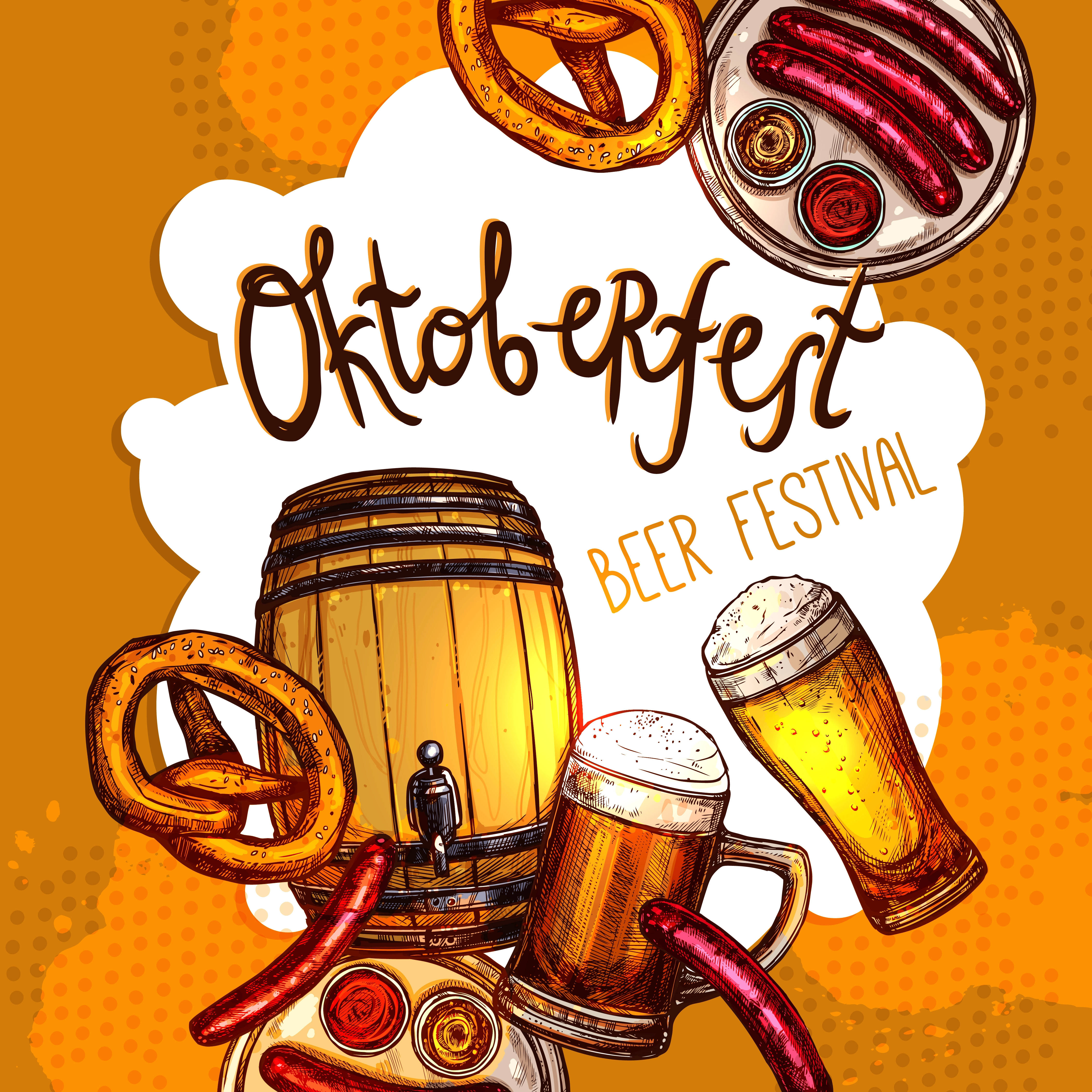 慕尼黑啤酒節 桌布 壁紙 — 插圖風格的Oktoberfest節日海報，以溫暖的橙色背景襯托啤酒杯、椒鹽卷餅、香腸和一個木桶。