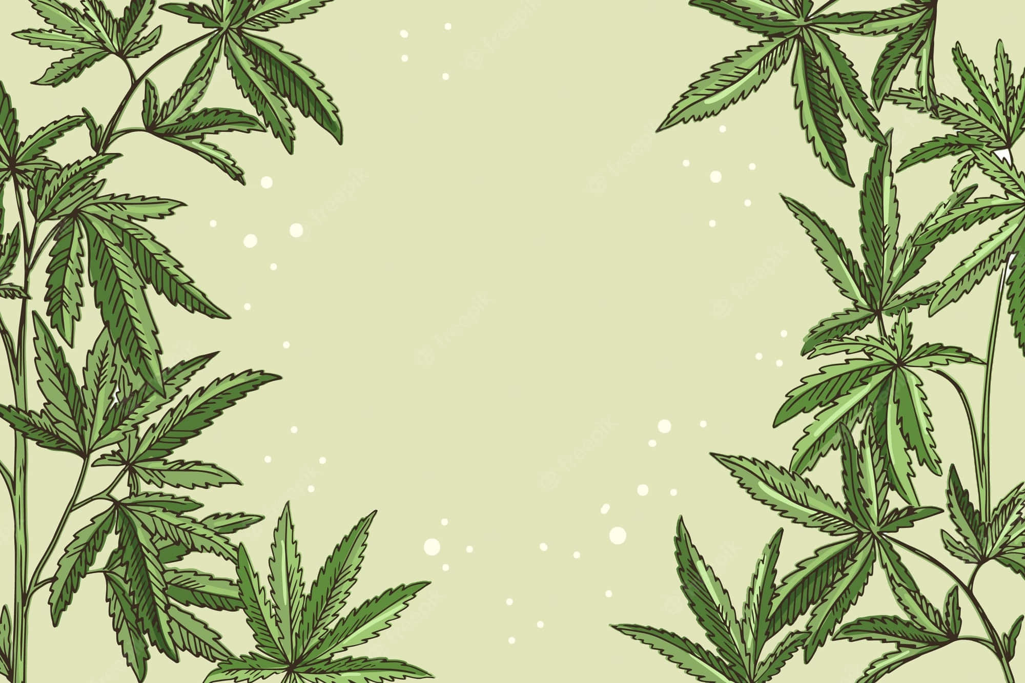 大麻 桌布 壁紙 — 插圖風格的大麻葉框住淺綠色背景，背景上散落著白色圓點。