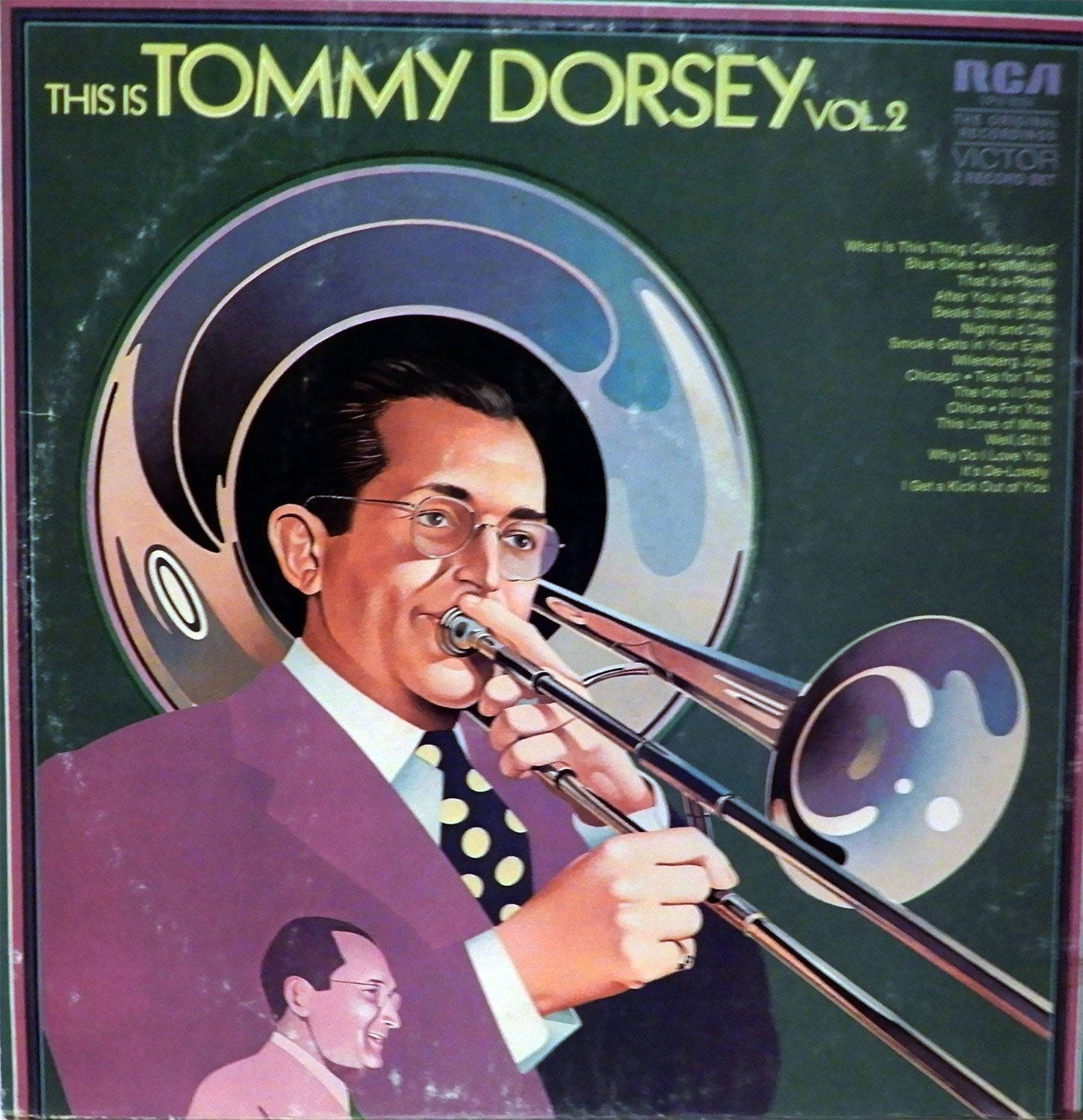 album 桌布 壁紙 — 插圖風格的復古專輯封面，長號手Tommy Dorsey在旋轉的抽象背景前演奏樂器。