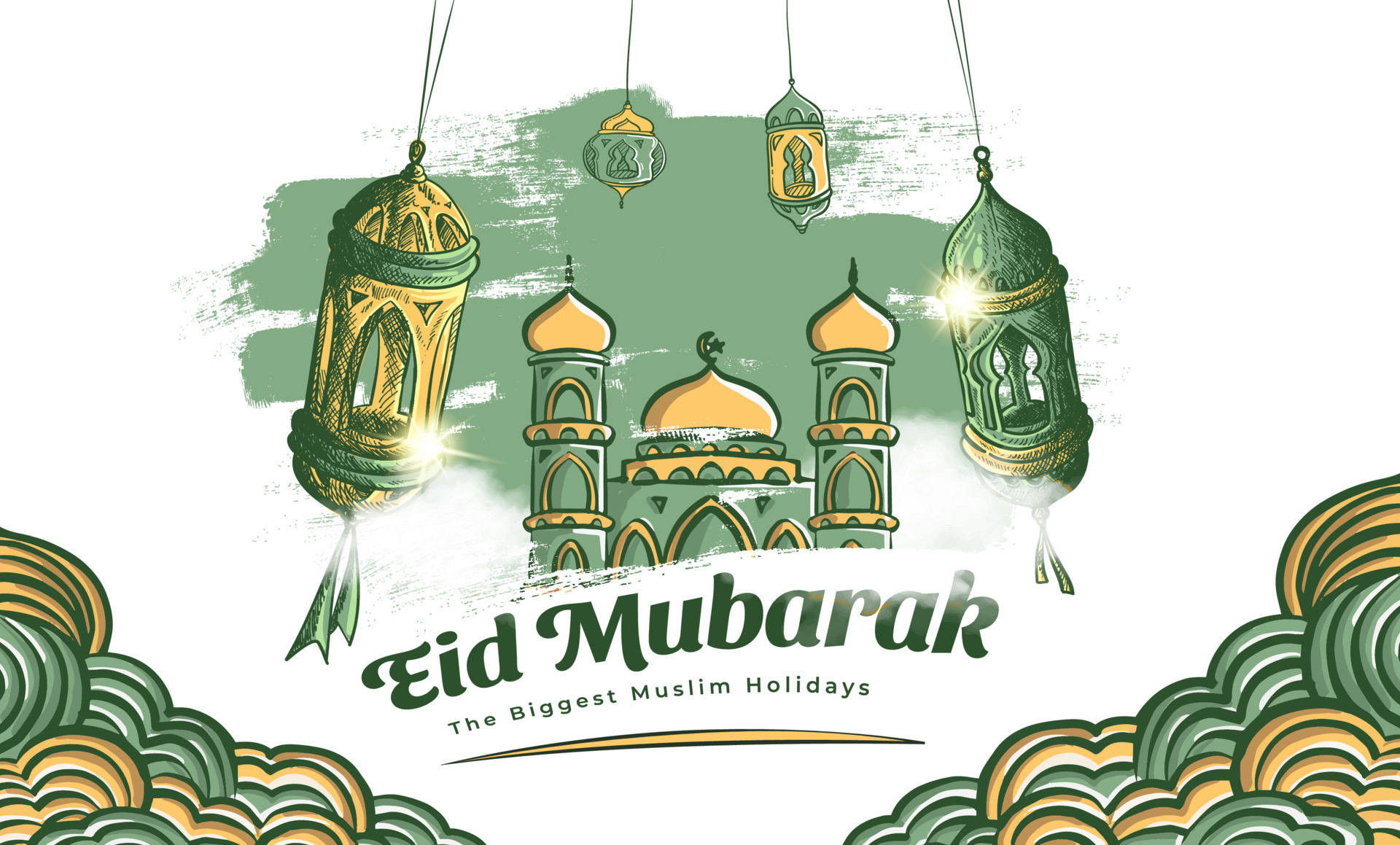 Eid Mubarak 桌布 壁紙 — 插圖風格的清真寺，掛有燈籠，並帶有節日 Eid Mubarak 文字，背景為綠色和金色的風格化設計。