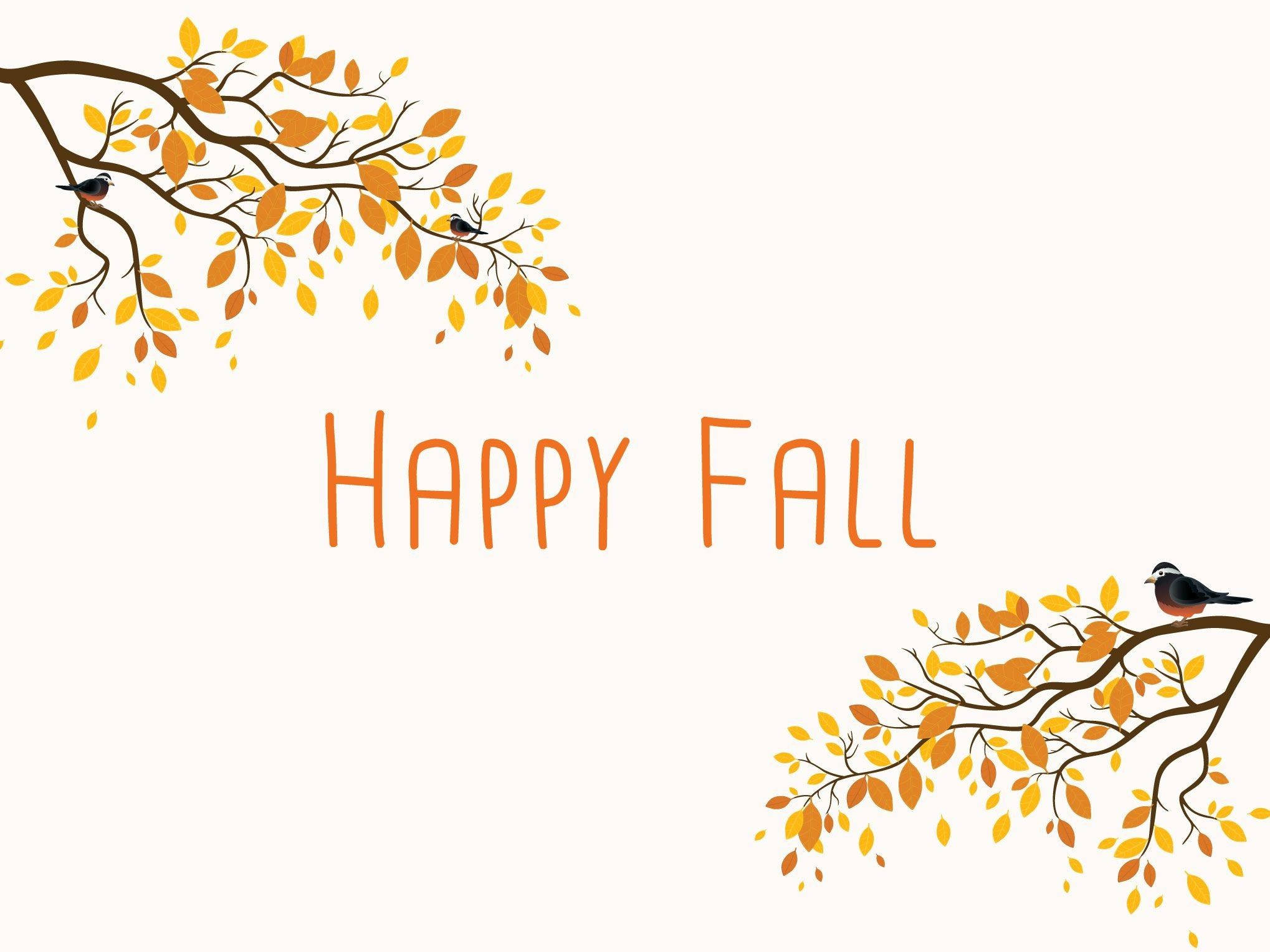 Cute Fall 桌布 壁紙 — 插圖風格的秋季樹枝，帶有橙色樹葉和鳥兒，在奶油色背景上框住文字「Happy Fall」。
