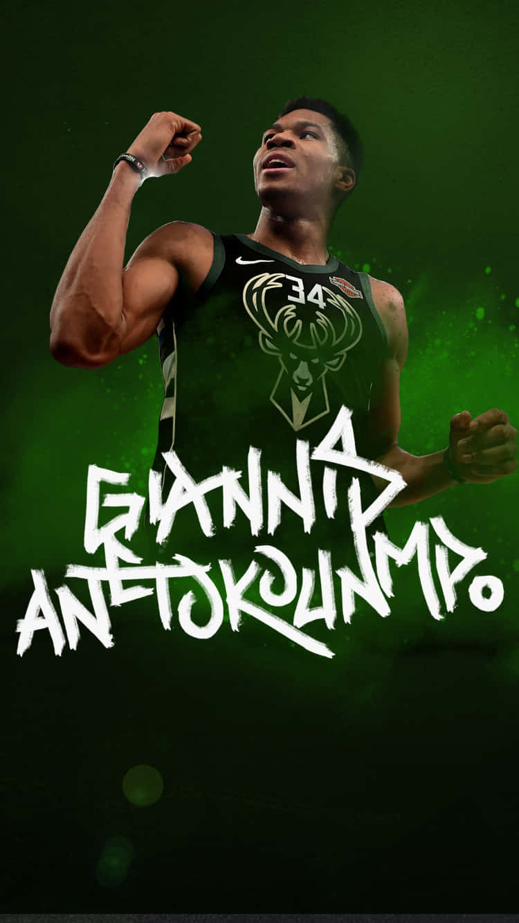 Bucks 桌布 壁紙 — 揚尼斯·阿德托昆博身穿密爾瓦基公鹿隊球衣，在發光的綠色背景前強力展示肌肉，他的名字以粗體塗鴉風格文字呈現。