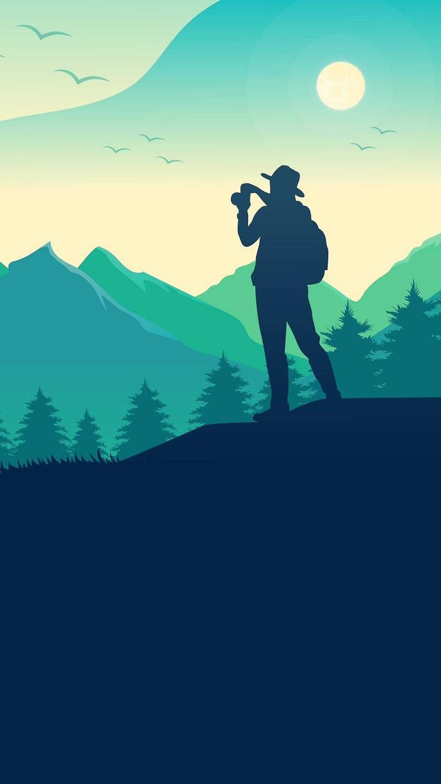 Hiking 桌布 壁紙 — 揹著背包和戴帽子的遠足者剪影，站在懸崖頂上，俯瞰層層疊疊的山脈，下方是發光的太陽和飛翔的鳥兒。
