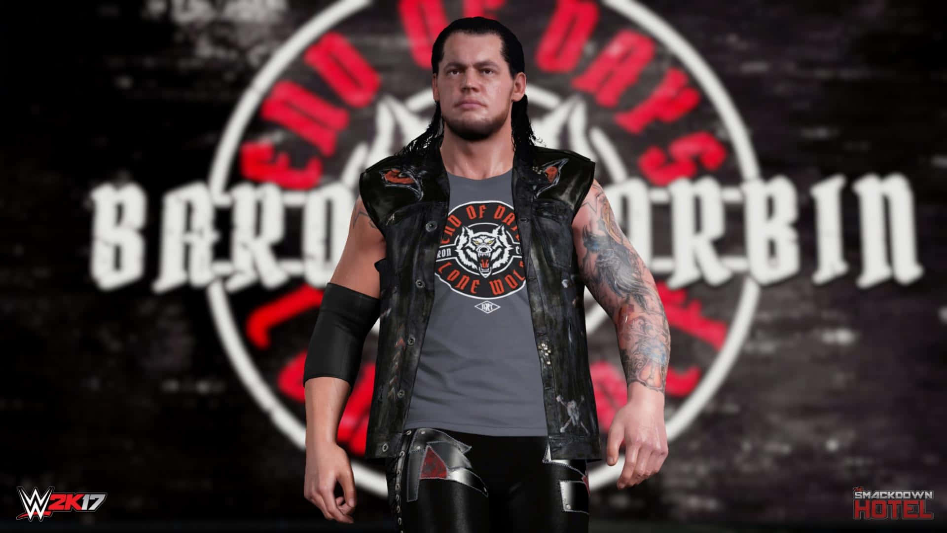WWE 桌布 壁紙 — 摔角手 Baron Corbin 自信地站在黑色背心和帶有老虎標誌的 T 恤中，背景黑暗，上面有他的名字和 'End of Days' 品牌標誌。