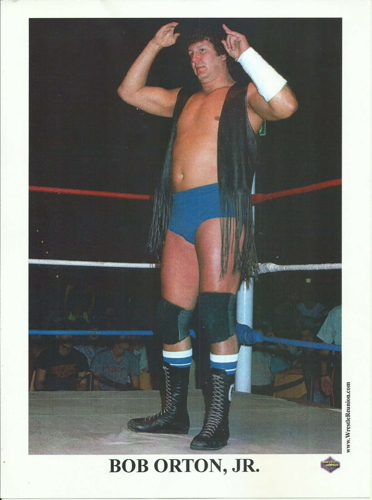 摔角 桌布 壁紙 — 摔角手 Bob Orton Jr. 自信地站在擂台上，穿著藍色短褲、黑色流蘇背心和靴子，雙臂高舉。