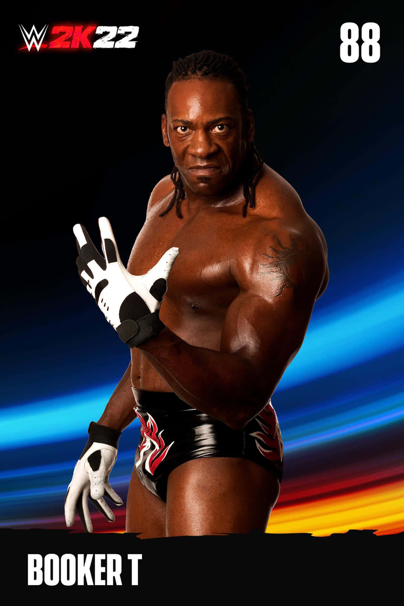 WWE 桌布 壁紙 — 摔角手 Booker T 自信地擺姿勢，身穿帶有紅色火焰圖案的黑色短褲，背景是動態的藍橙色漸變。