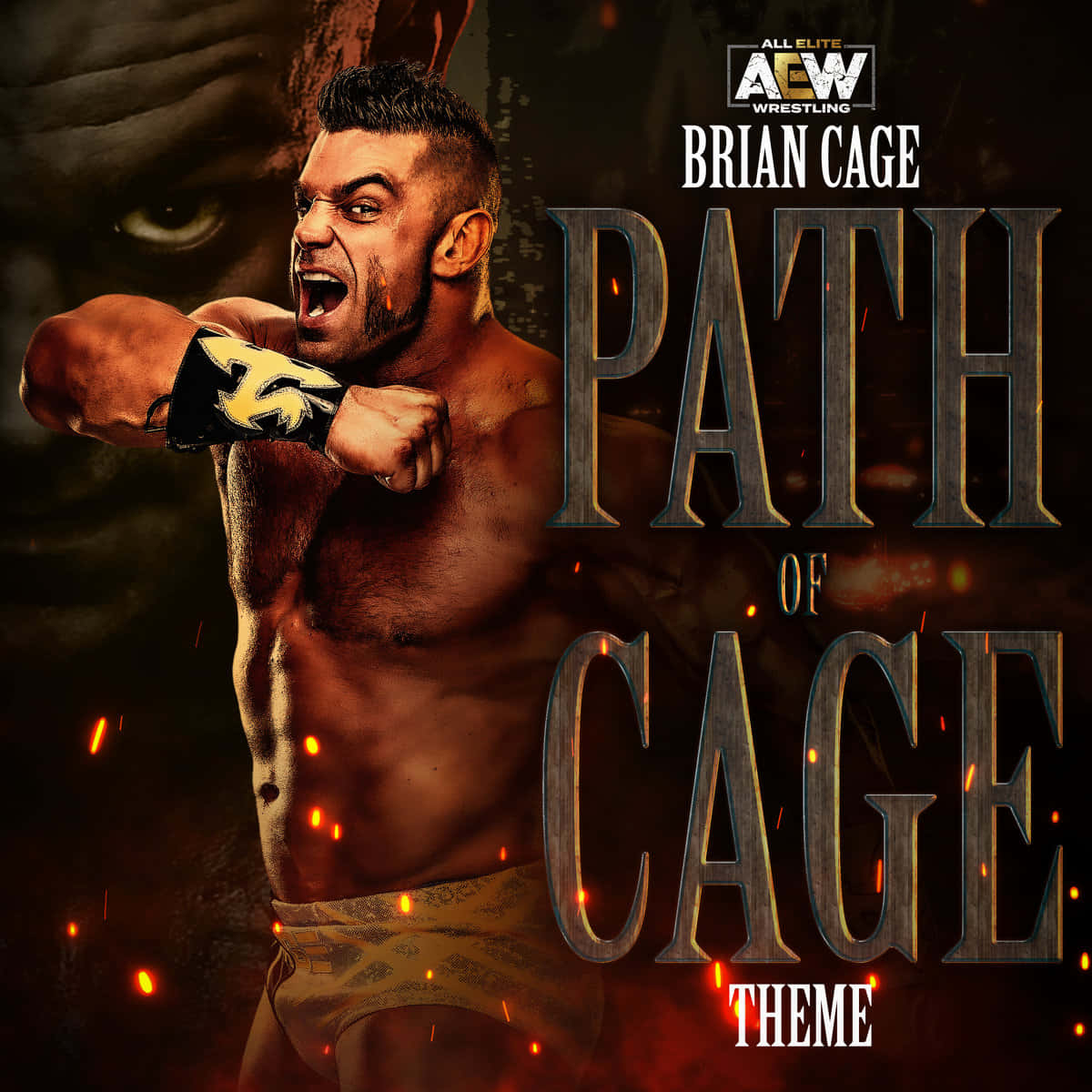 song 桌布 壁紙 — 摔角手 Brian Cage 在黑暗火熱的背景中，握緊拳頭咆哮，背景有發光的餘燼和一個逼近的臉孔。