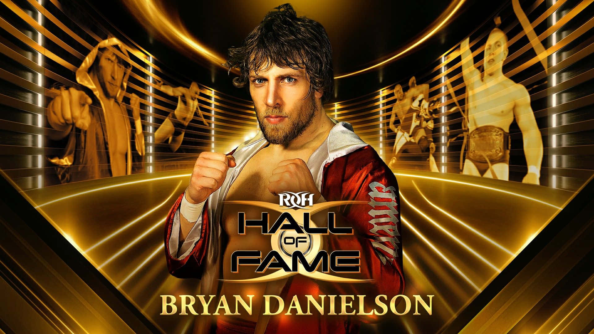 摔角 桌布 壁紙 — 摔角手 Bryan Danielson 自信地站在金色隧道中，身後有全息人物，慶祝他入選 ROH 名人堂。