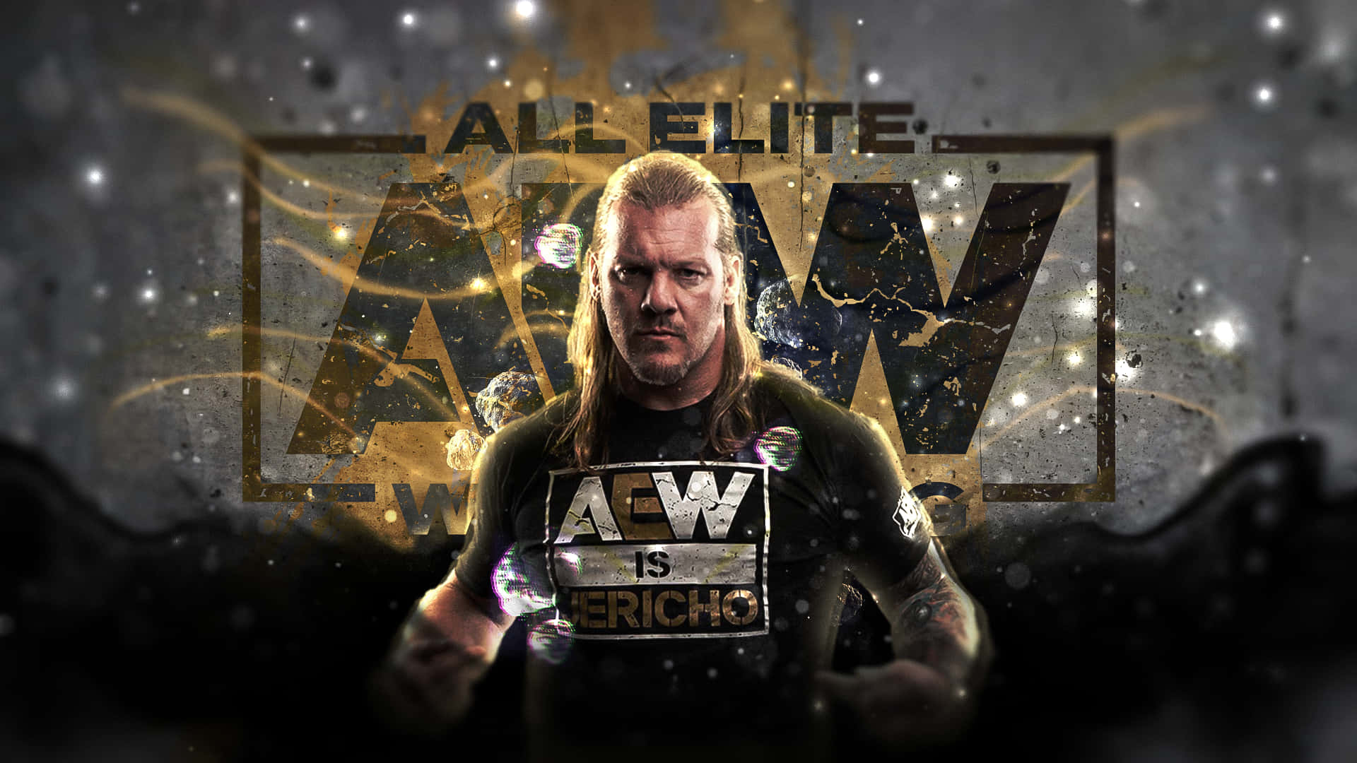 Aew 桌布 壁紙 — 摔角手 Chris Jericho 在帶有宇宙粒子效果的發光 AEW 標誌前凝視。