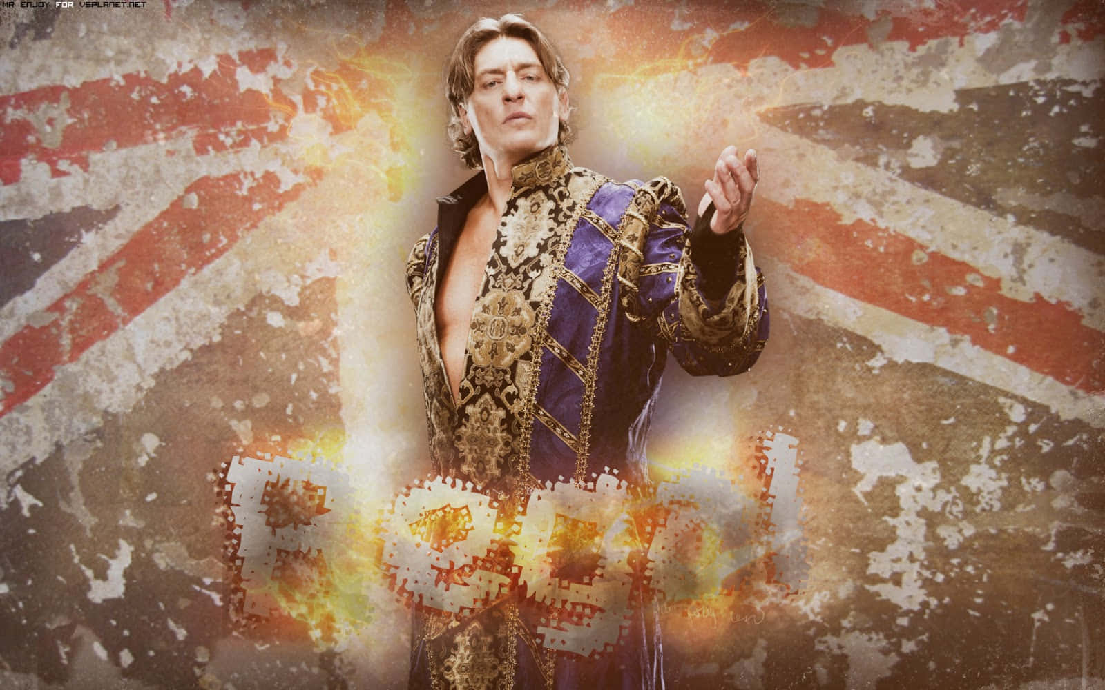 摔角 桌布 壁紙 — 摔角手 Chris Jericho 身穿華麗的紫色和金色服裝，自信地站在破舊的英國國旗背景前，帶有熾熱發光的文字。