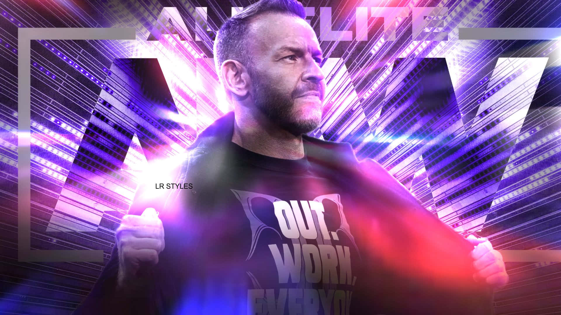 手機 桌布 壁紙 — 摔角手 Chris Jericho 挑釁地站在充滿活力的紫色和藍色數位背景前，背景帶有發光的條紋和粗體文字。