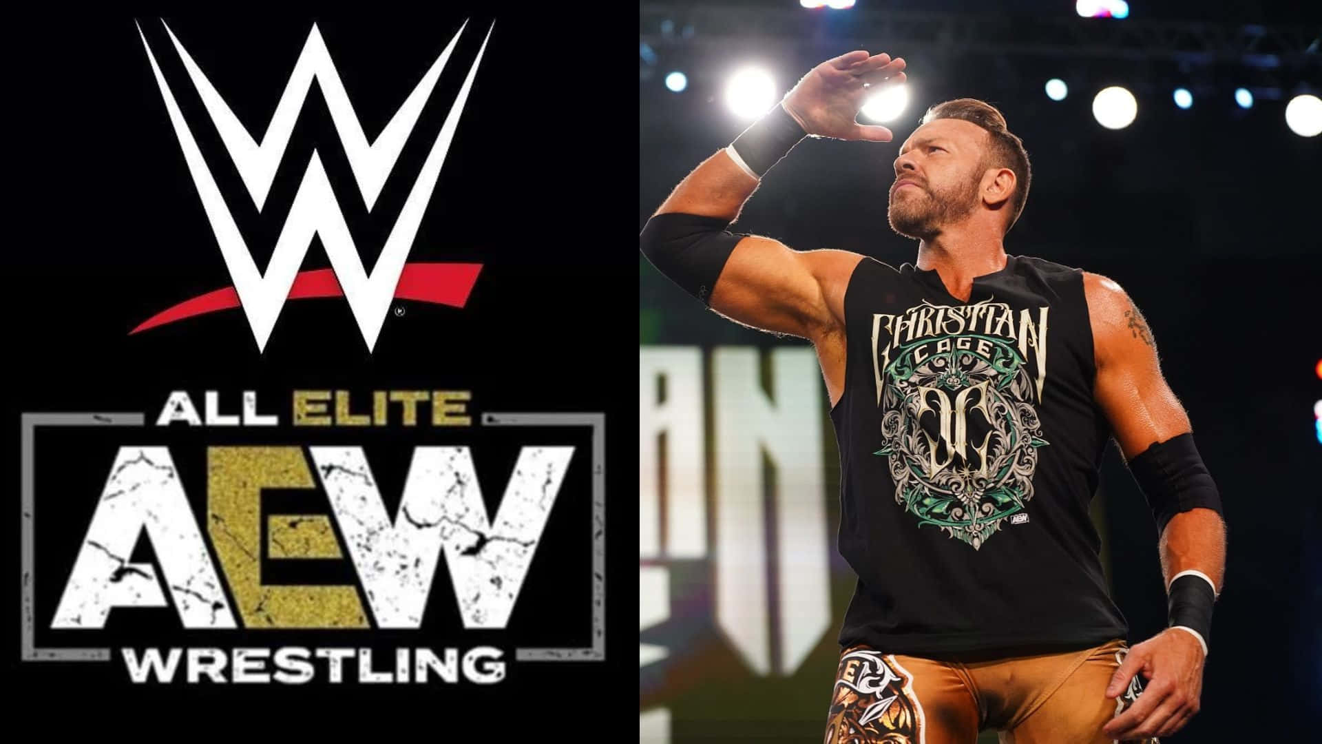 電腦 桌布 壁紙 — 摔角手 Christian Cage 在場館燈光下向粉絲揮手，旁邊有 WWE 和 AEW 標誌。