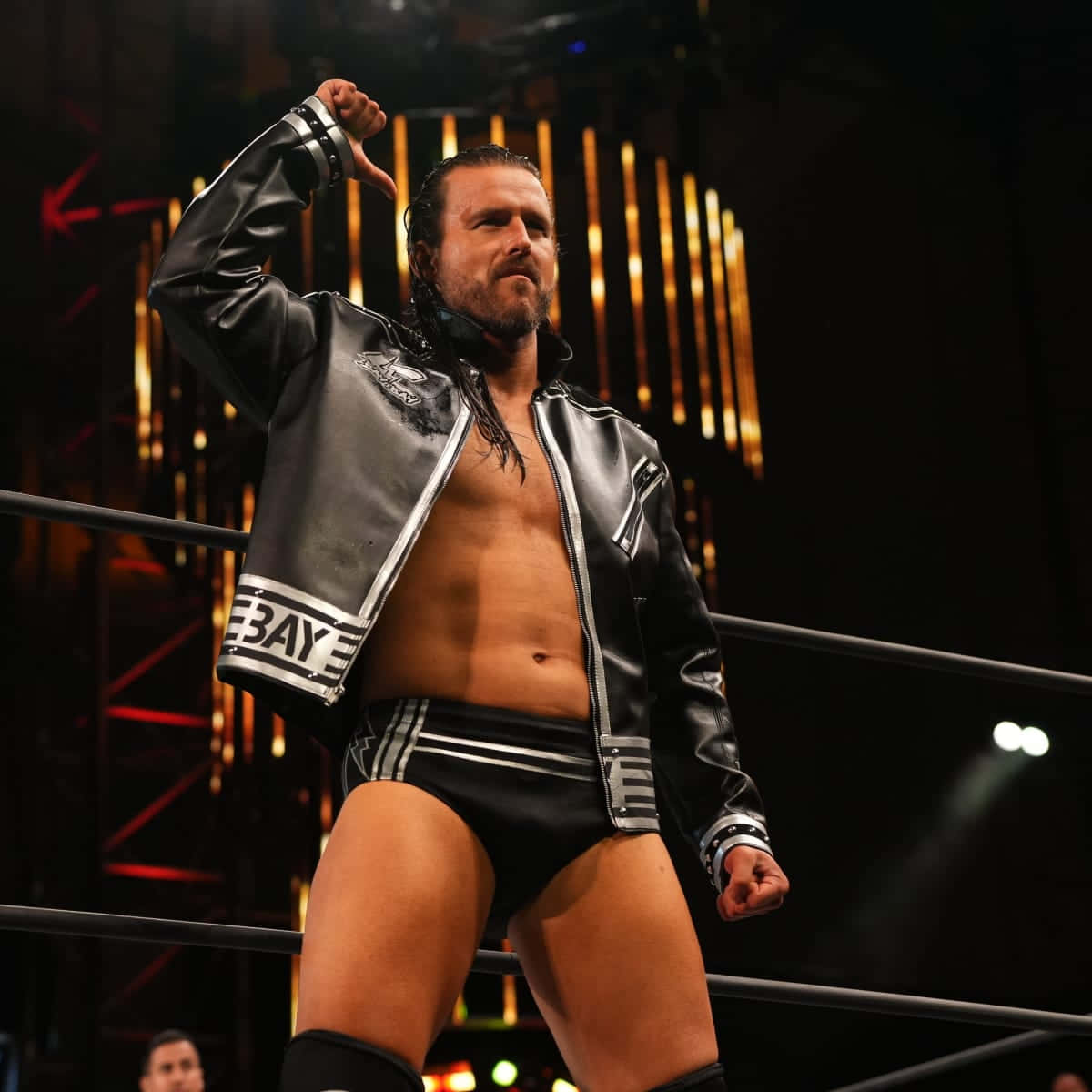 professional 桌布 壁紙 — 摔角手 Daniel Bryan 站在擂台上，穿著黑色皮夾克，袖子上有 'BAY' 字樣，豎起拇指向下。
