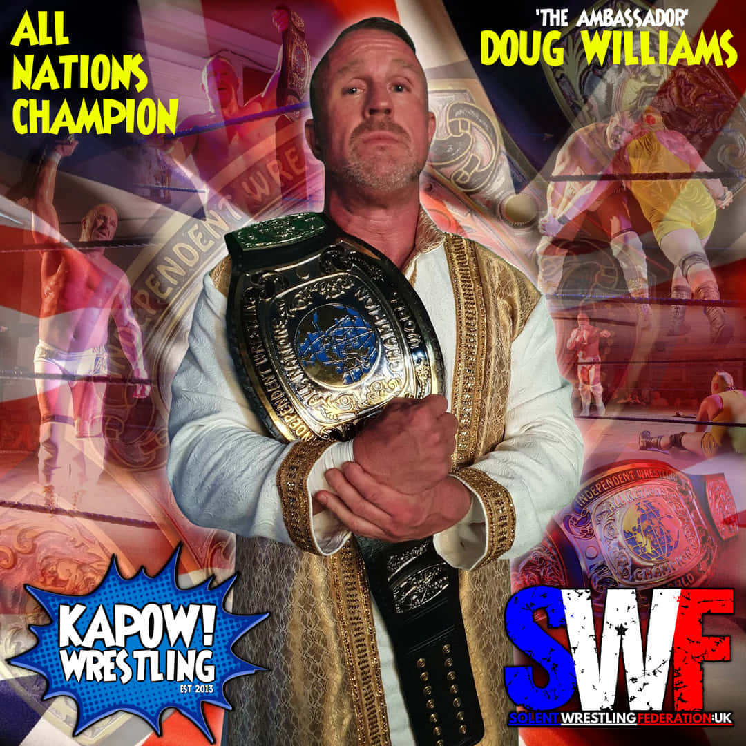 Aew 桌布 壁紙 — 摔角手 Doug Williams 以「The Ambassador」身份，手持 All Nations Championship 腰帶，背景是充滿活力的摔角動作和標誌拼貼。