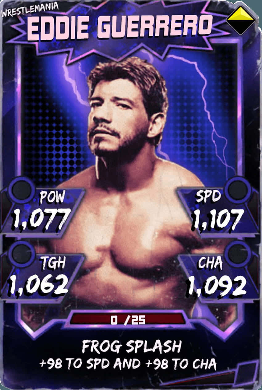 摔角 桌布 壁紙 — 摔角手 Eddie Guerrero 在一個風格化的遊戲卡上，帶有統計數據和閃電效果，背景為紫色。