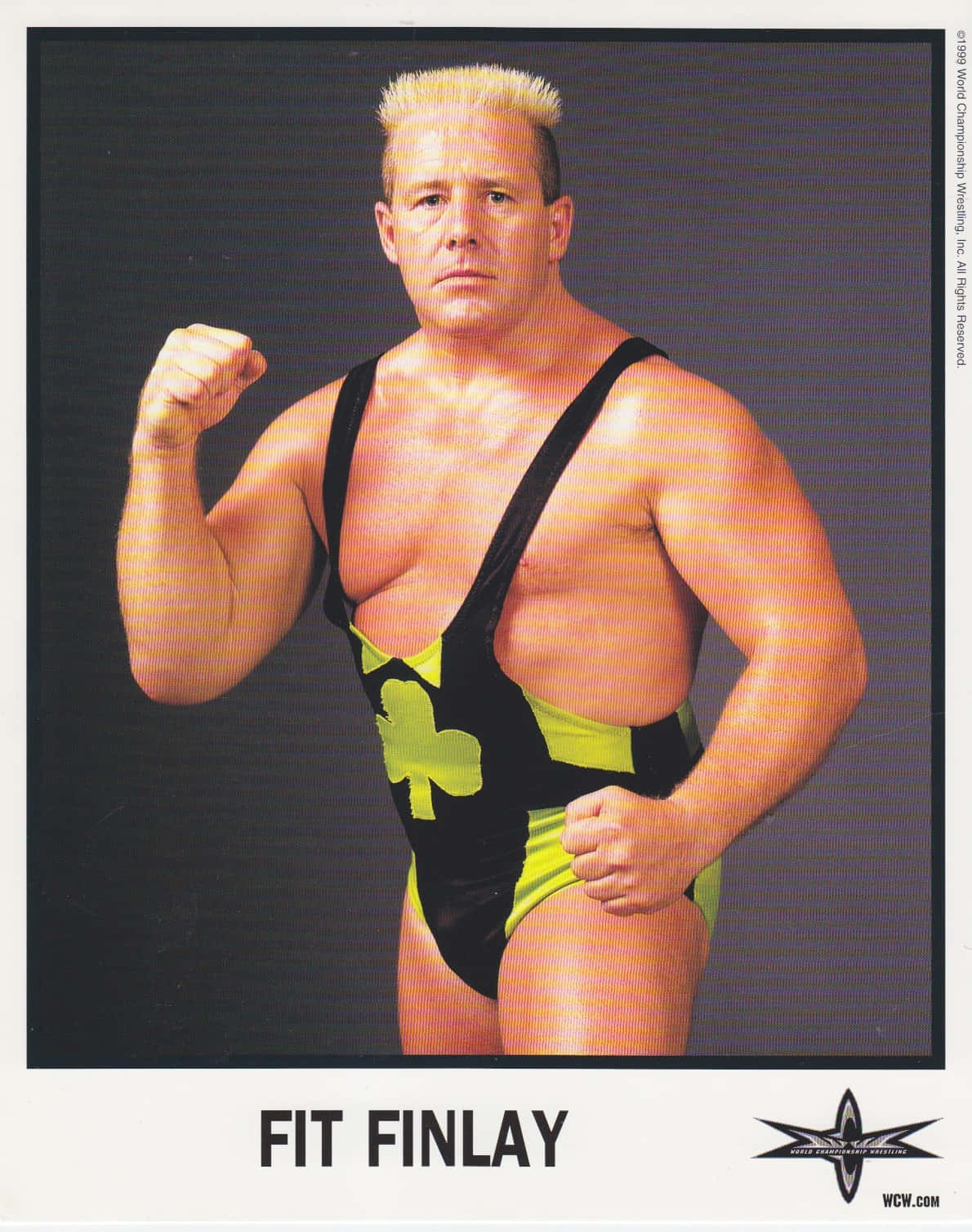 WWE 桌布 壁紙 — 摔角手 Fit Finlay 身穿帶有三葉草標誌的黑色和螢光綠色短褲，在深色工作室背景前擺姿勢。