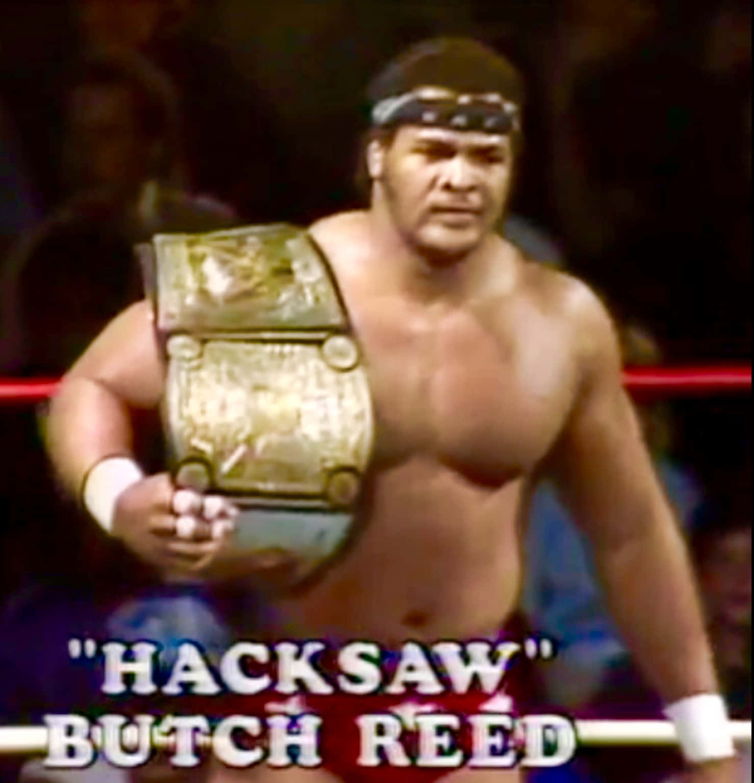 摔角 桌布 壁紙 — 摔角手 Hacksaw Butch Reed 站在擂台上，表情嚴肅地舉著一條金色冠軍腰帶。