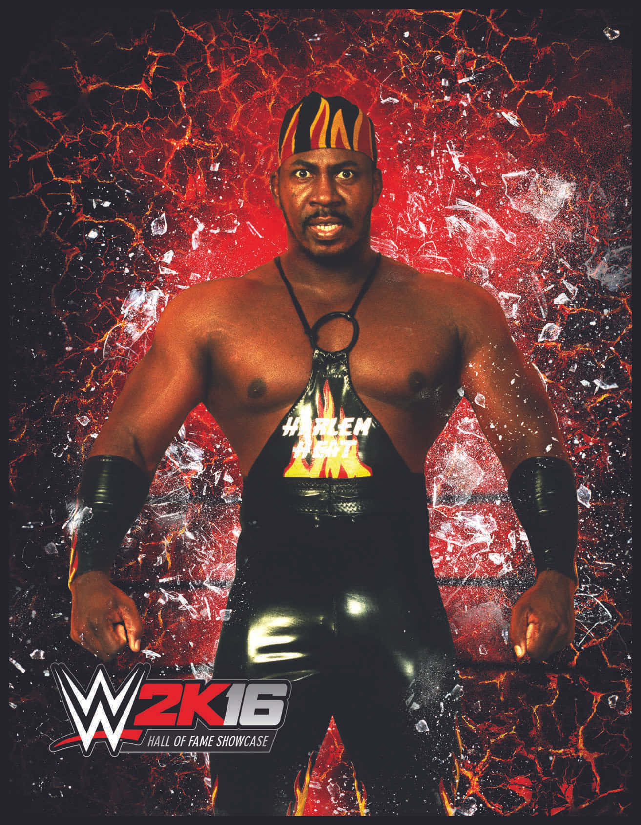 電玩遊戲 桌布 壁紙 — 摔角手 Harlem Heat 強勢地站在一個帶有碎玻璃效果和熾熱紅色熔岩狀圖案的烈火裂紋背景中。