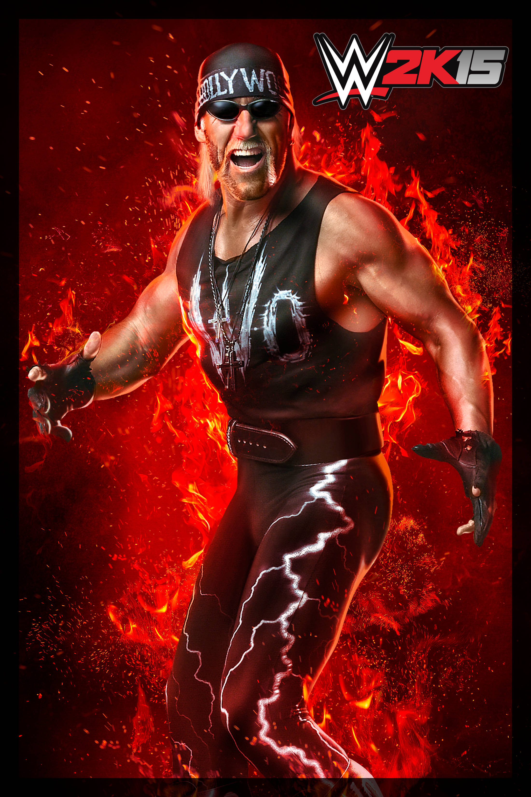 Hulk Hogan 桌布 壁紙 — 摔角手 Hulk Hogan 身穿黑色閃電裝備，在熾熱的紅色火焰中咆哮，上方有 WWE 2K15 標誌。