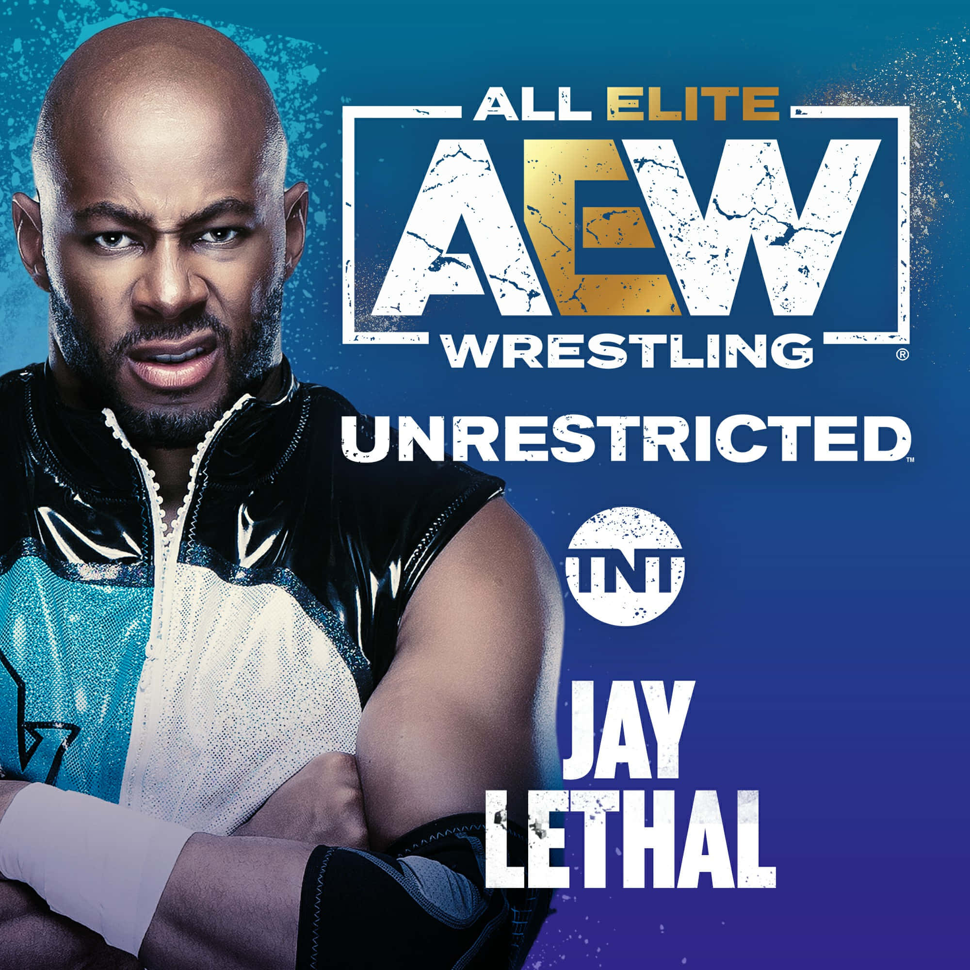Aew 桌布 壁紙 — 摔角手 Jay Lethal 在 AEW Unrestricted 的宣傳海報中，以粗體文字和動態藍色漸變背景，凝視著。