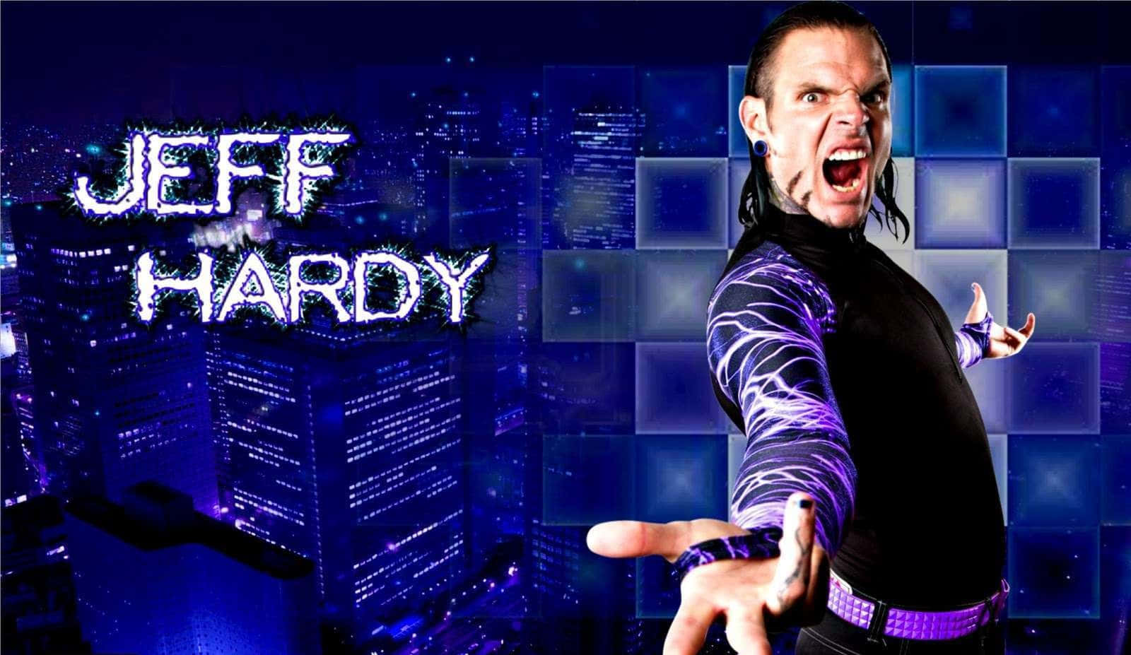 運動 桌布 壁紙 — 摔角手 Jeff Hardy 在發光的藍色城市景觀背景下，他的名字以電光文字顯示，激進地尖叫。
