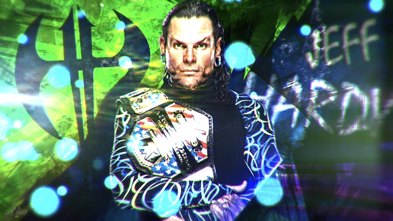 摔角 桌布 壁紙 — 摔角手 Jeff Hardy 在充滿活力的綠色和藍色抽象背景中，帶著發光球體，緊握冠軍腰帶，凝視著前方。