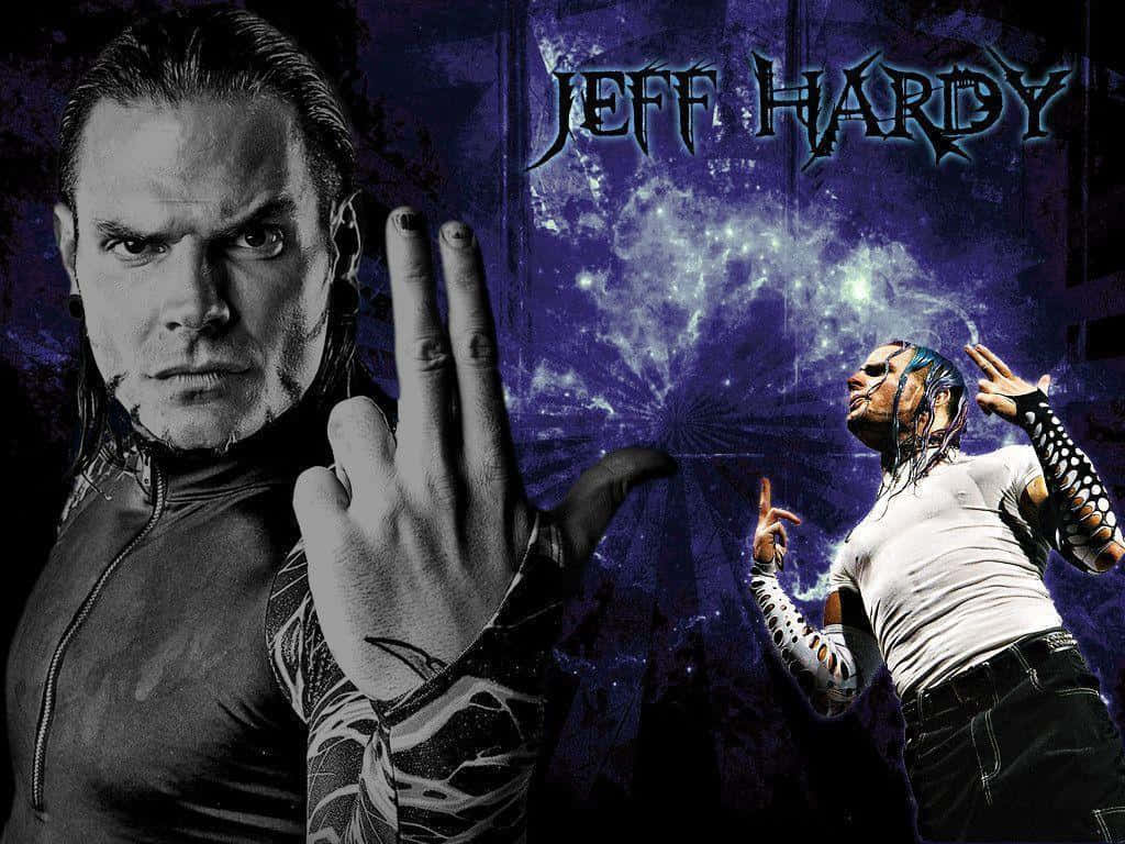 Black And Blue 桌布 壁紙 — 摔角手 Jeff Hardy 在風格化的宣傳桌布中戲劇性地擺姿勢，身後有宇宙紫色能量。