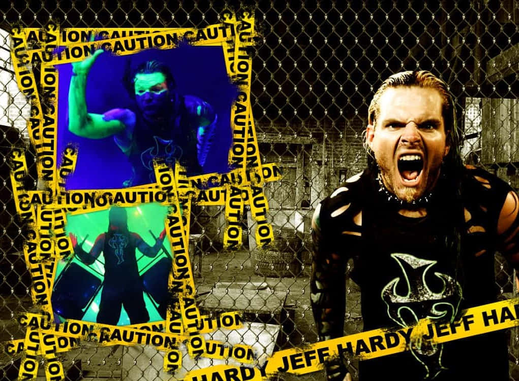 運動 桌布 壁紙 — 摔角手 Jeff Hardy 在鐵絲網後面咆哮，上面覆蓋著警示膠帶和霓虹燈動作鏡頭。
