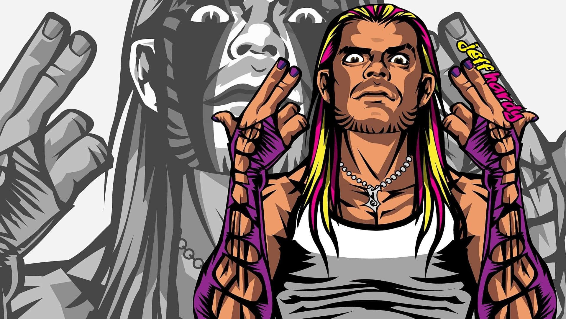 Cartoon 桌布 壁紙 — 摔角手 Jeff Hardy 的風格化漫畫插圖，擁有色彩繽紛的頭髮和紫色腕帶，做出和平手勢。
