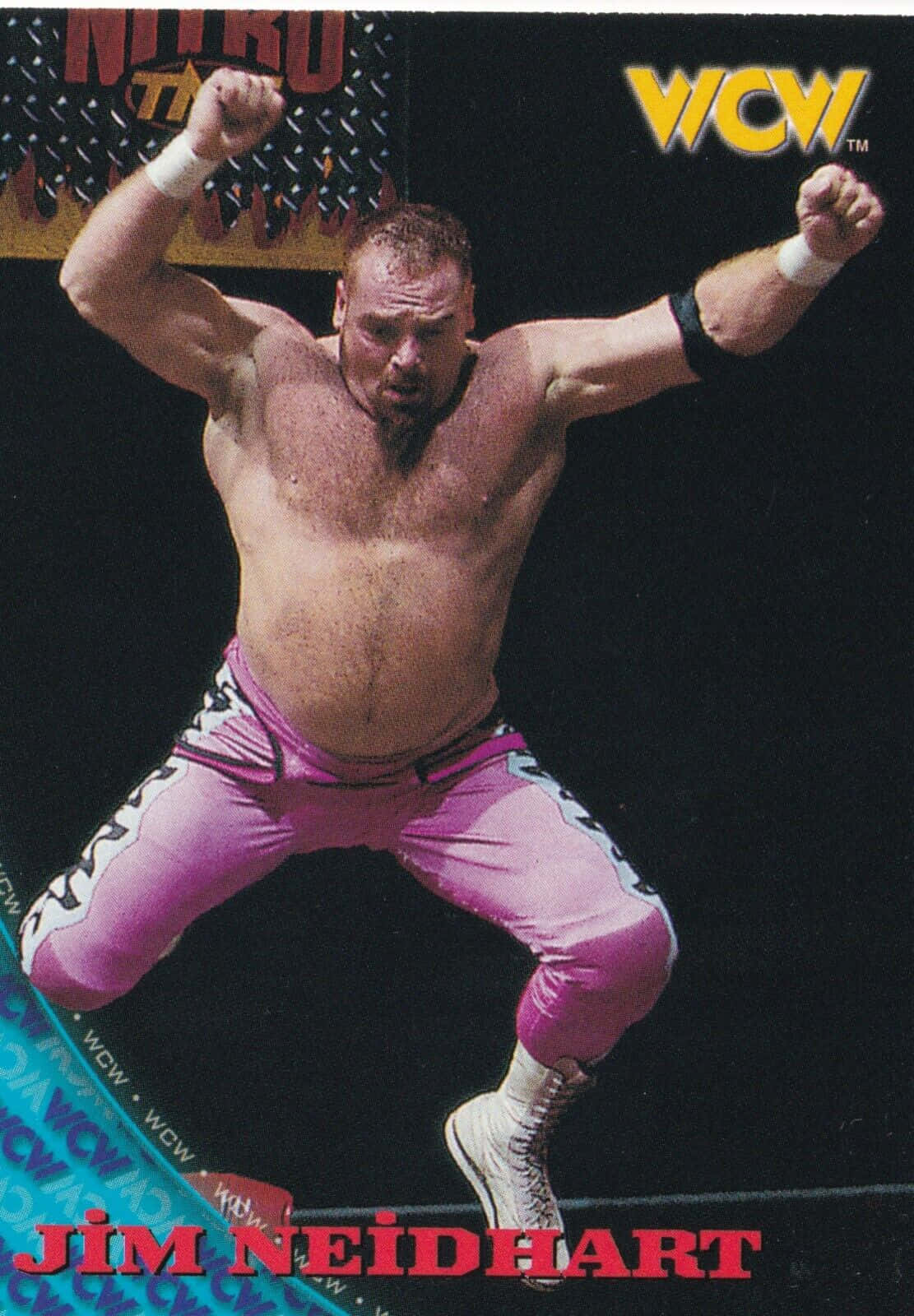 WWE 桌布 壁紙 — 摔角手 Jim Neidhart 穿著粉紅色緊身褲，在 WCW Nitro 背景下舉起拳頭躍起半空。