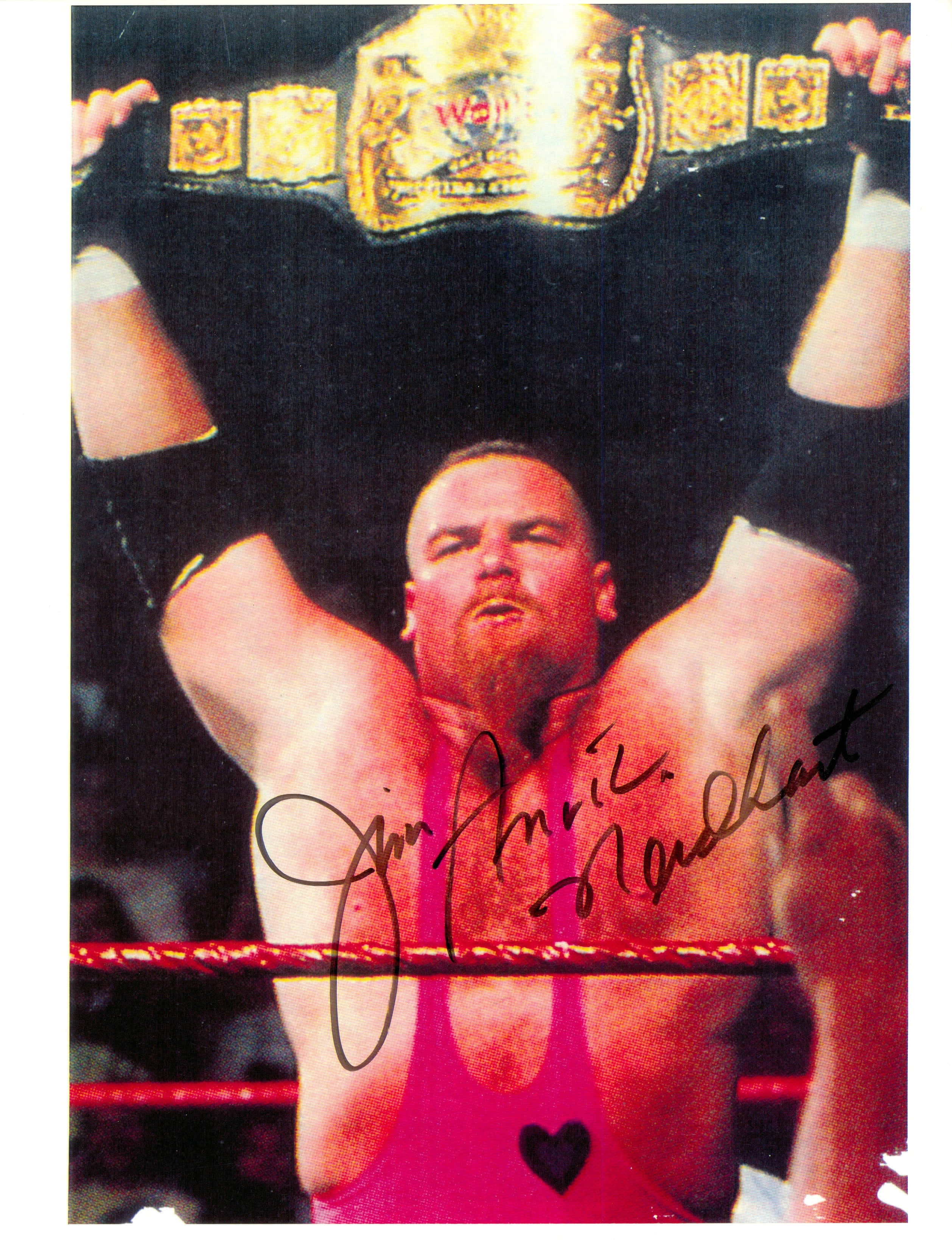 摔角 桌布 壁紙 — 摔角手 Jim Neidhart 在擂台上身穿帶有心形圖案的粉紅色緊身衣，勝利地高舉冠軍腰帶。