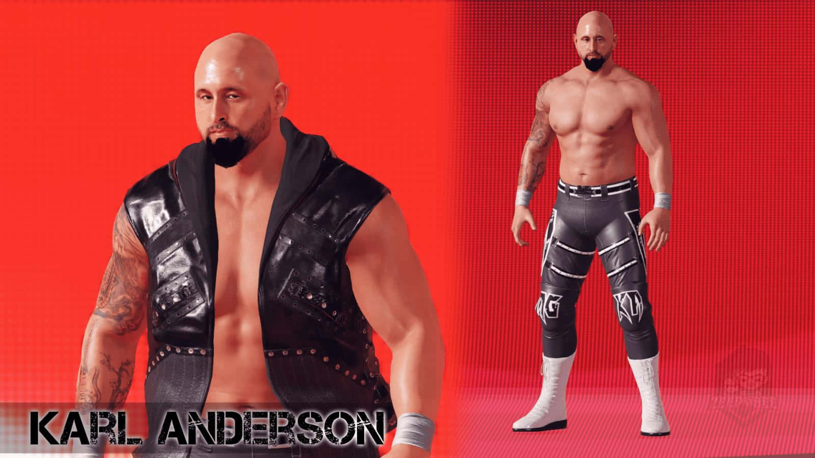 WWE 桌布 壁紙 — 摔角手 Karl Anderson 以兩個姿勢展示，背景為鮮紅色，身穿黑色皮背心和摔角緊身褲。