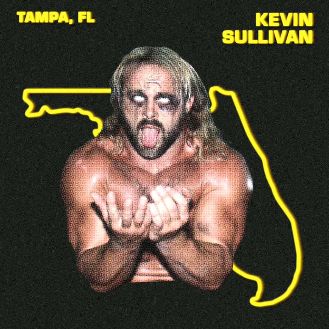 WWE 桌布 壁紙 — 摔角手 Kevin Sullivan 伸出舌頭，手掌向上，背景為黑色，帶有黃色佛羅里達州輪廓。