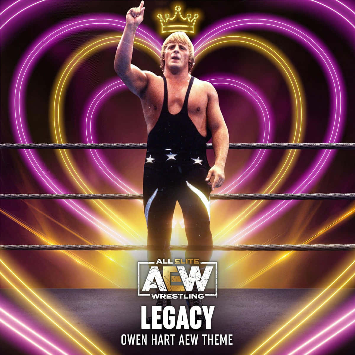 Canadian 桌布 壁紙 — 摔角手 Owen Hart 在擂台上勝利地站立，周圍有發光的紫色和黃色心形環，頭頂上方有皇冠。