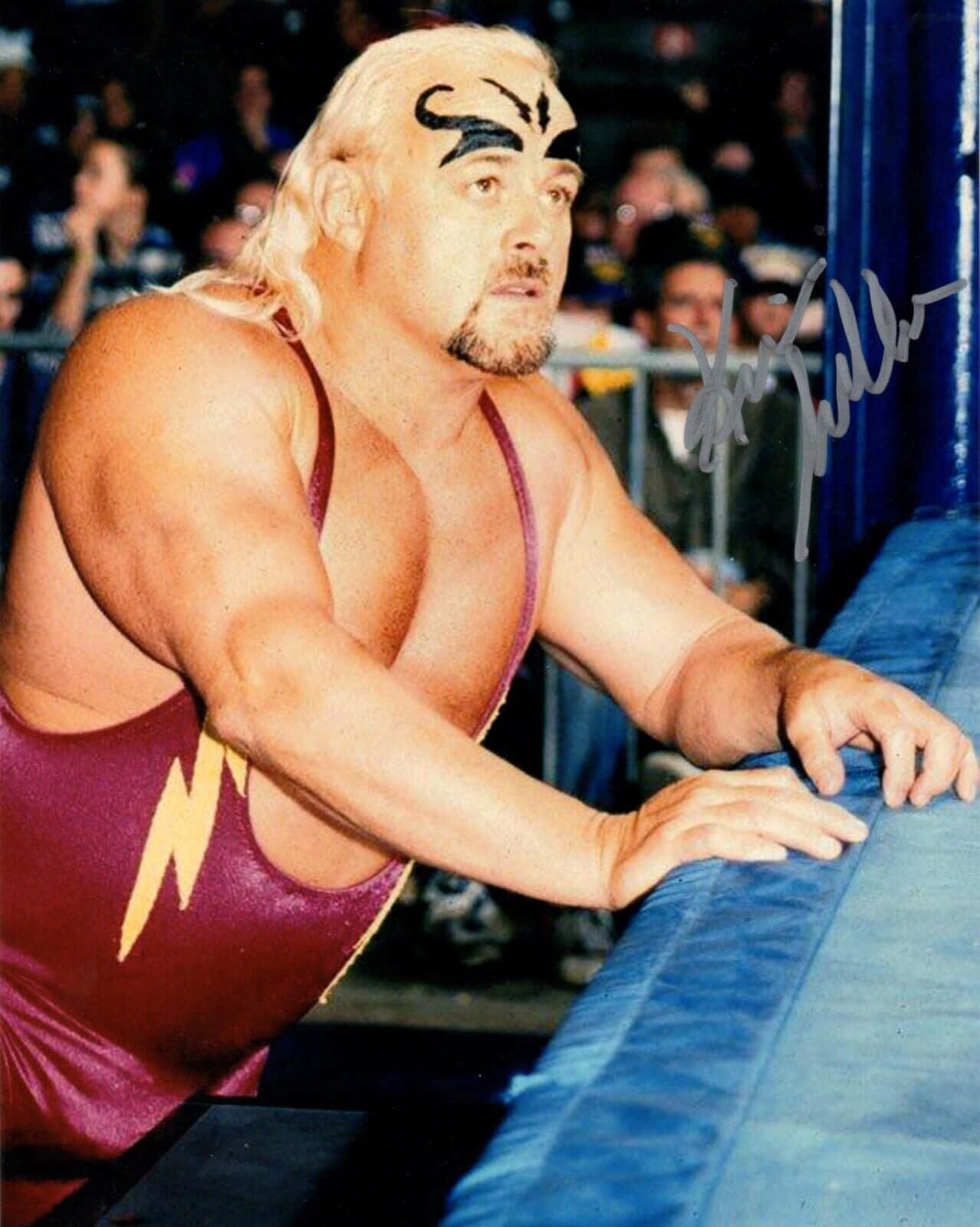 WWE 桌布 壁紙 — 摔角手 Ric Flair 穿著帶有黃色閃電的栗色緊身衣，靠在藍色擂台繩索上，他的金髮和黑色臉部彩繪十分突出。