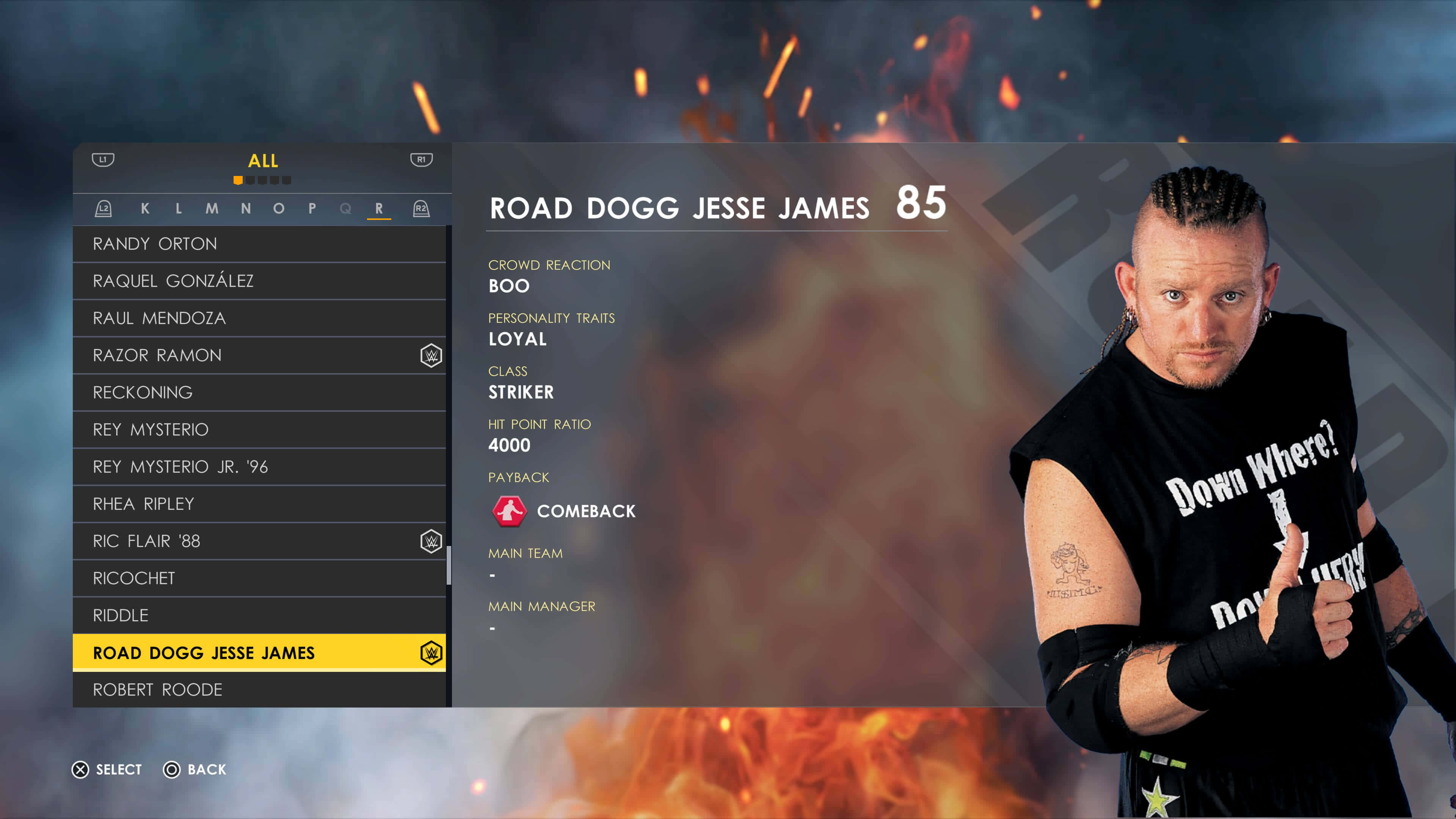 摔角 桌布 壁紙 — 摔角手 Road Dogg Jesse James 在帶有統計數據和觀眾反應顯示的火熱遊戲選單介面中凝視著。