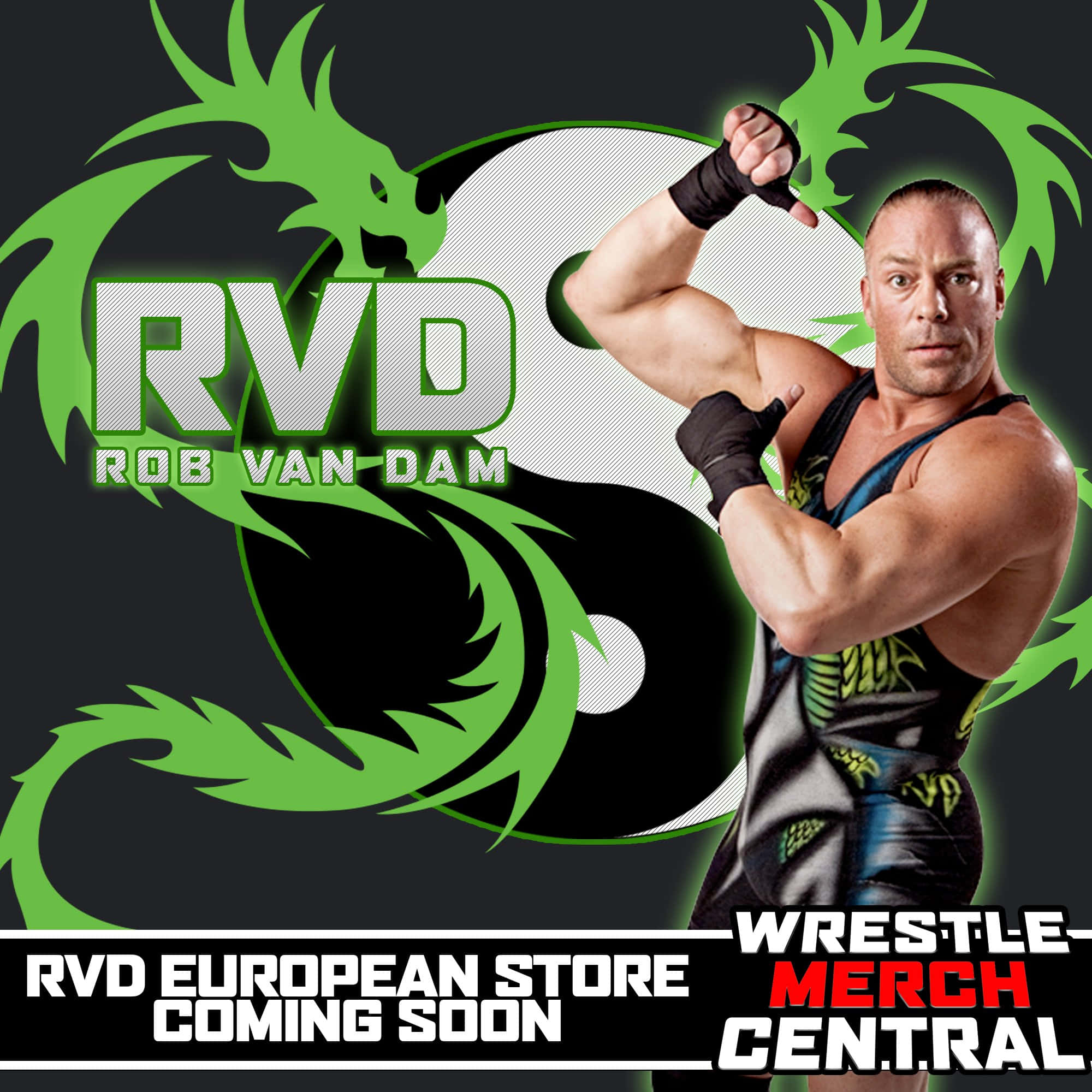 yin yang 桌布 壁紙 — 摔角手 Rob Van Dam 在綠色龍和陰陽標誌前強勢擺姿勢，並帶有宣傳文字。