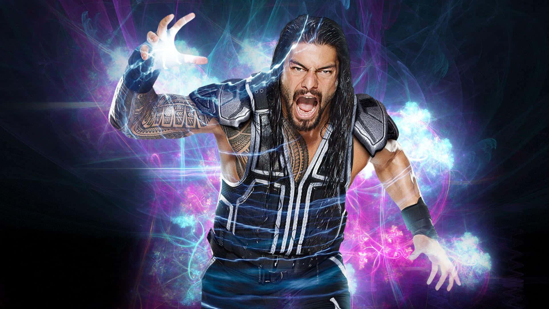 Roman Reigns 桌布 壁紙 — 摔角手 Roman Reigns 在黑暗的宇宙背景下咆哮，發光的能量在他伸出的雙手周圍劈啪作響。