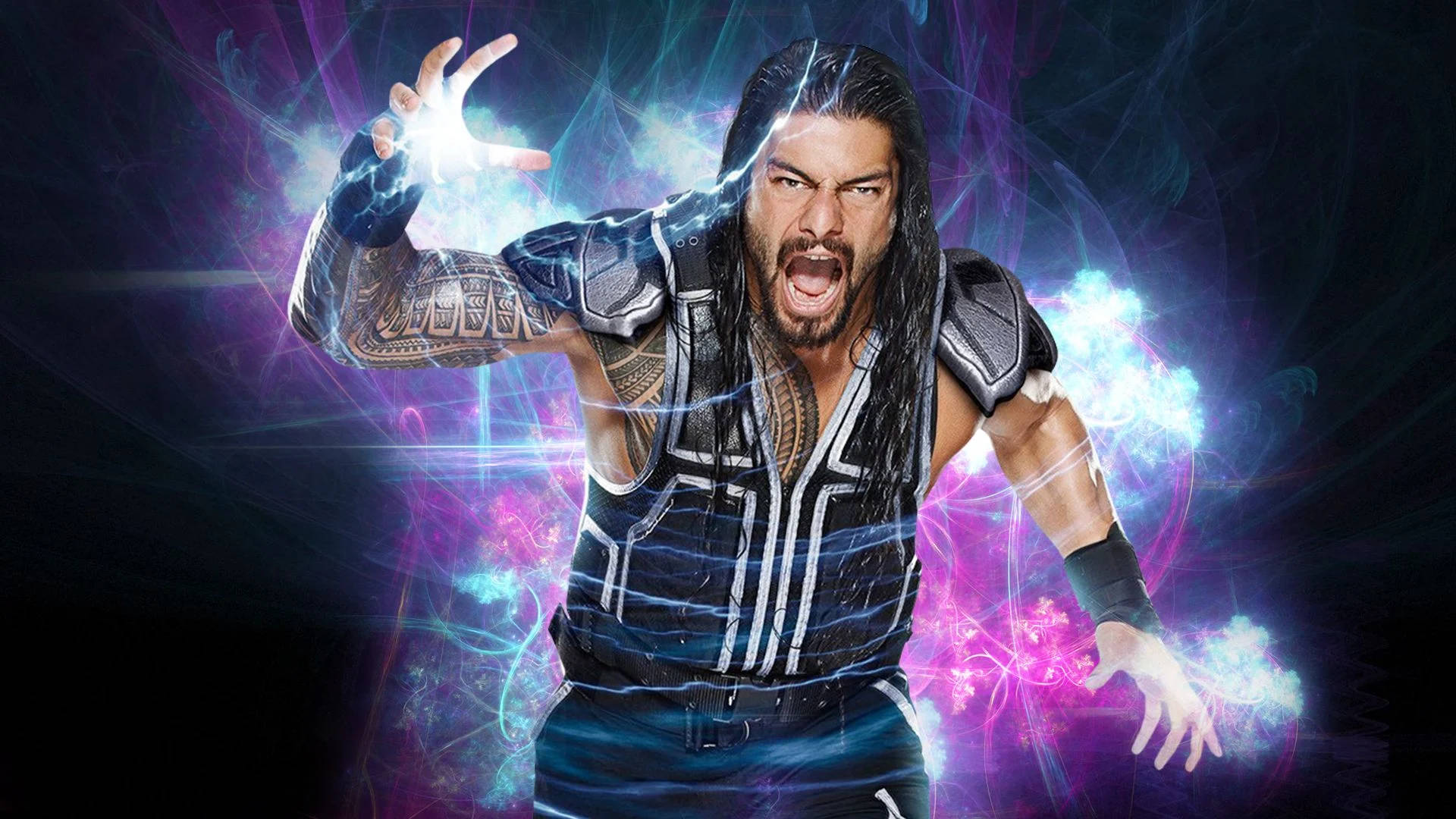 Roman 桌布 壁紙 — 摔角手 Roman Reigns 咆哮，電能在他的伸出的手周圍劈啪作響，背景是宇宙紫色和藍色。