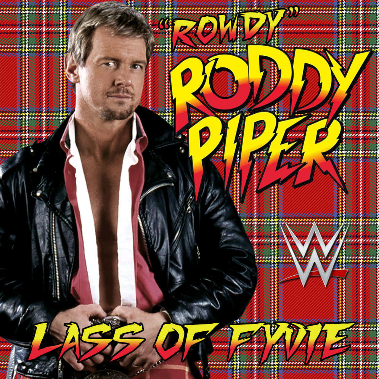 摔角 桌布 壁紙 — 摔角手 Rowdy Roddy Piper 自信地穿著黑色皮夾克，站在大膽的紅色格紋背景前，背景上有他的名字和 WWE 標誌。