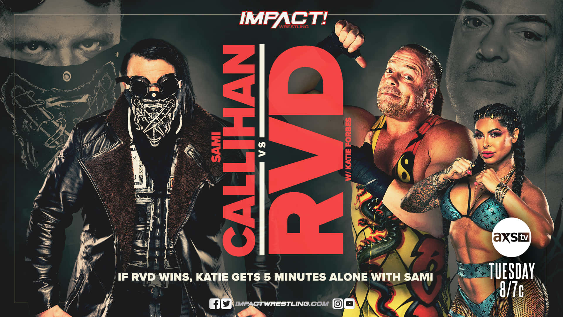 poster 桌布 壁紙 — 摔角手 Sami Callihan 和 RVD 在一個戲劇性的 Impact Wrestling 宣傳片中與 Katie Forbes 對峙，背景陰暗粗糙。