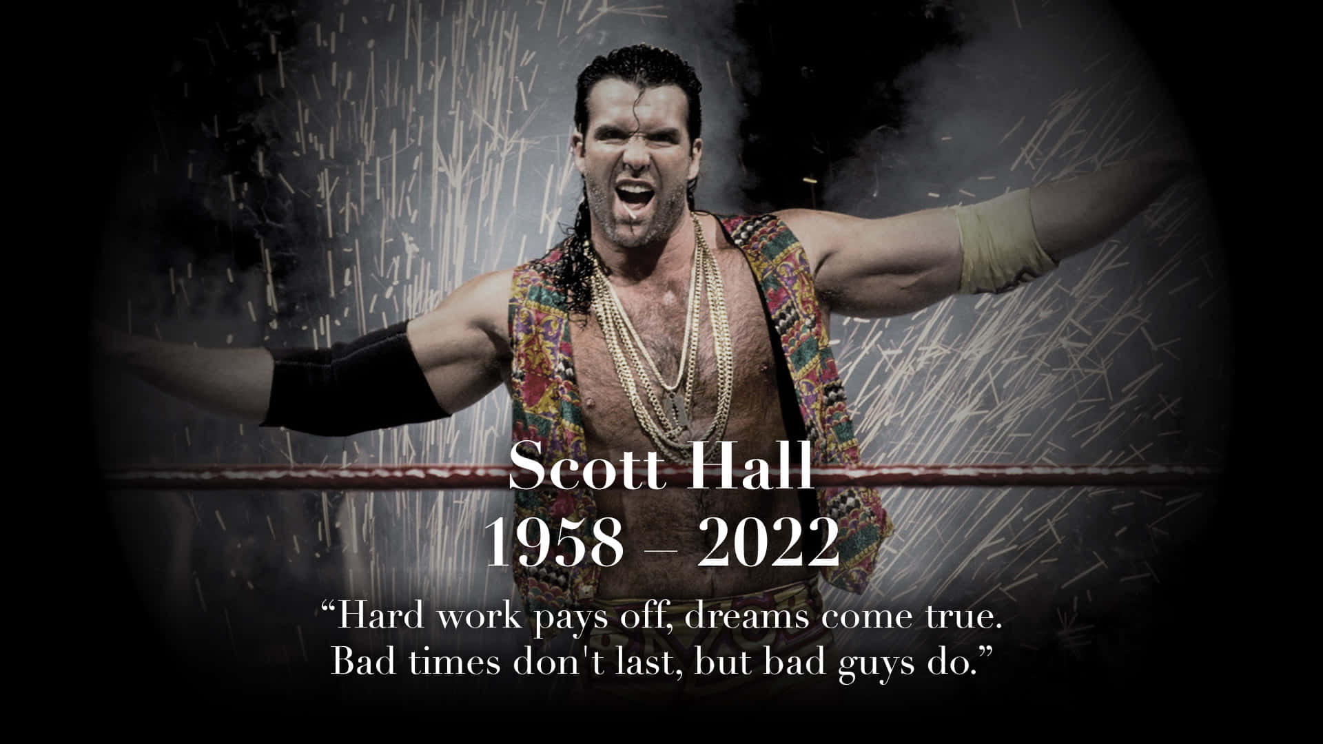 摔角 桌布 壁紙 — 摔角手 Scott Hall 在濕透的擂台上張開雙臂，表情激昂，展現勝利姿態。