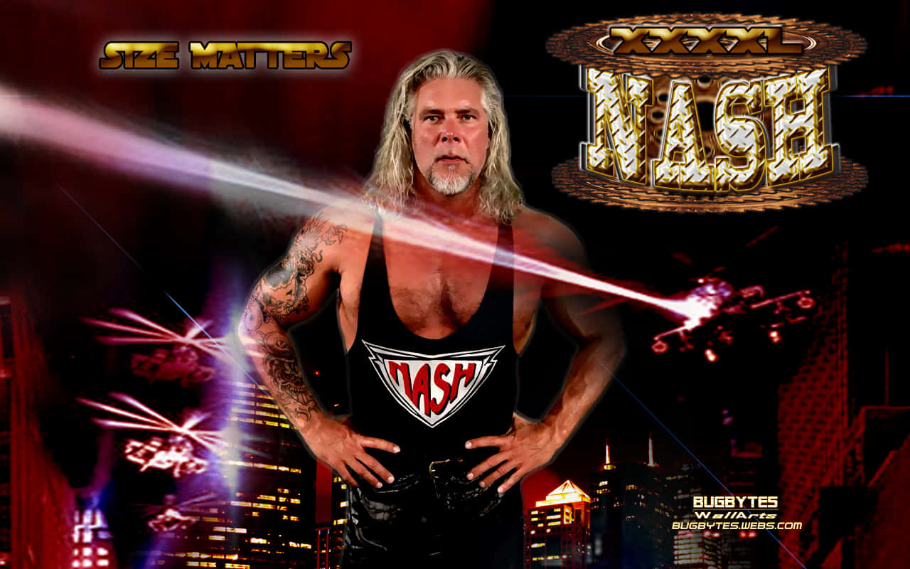 Fight 桌布 壁紙 — 摔角手 Scott Hall 自信地穿著印有 'NASH' 標誌的黑色背心，背景是發光的紅色城市天際線。