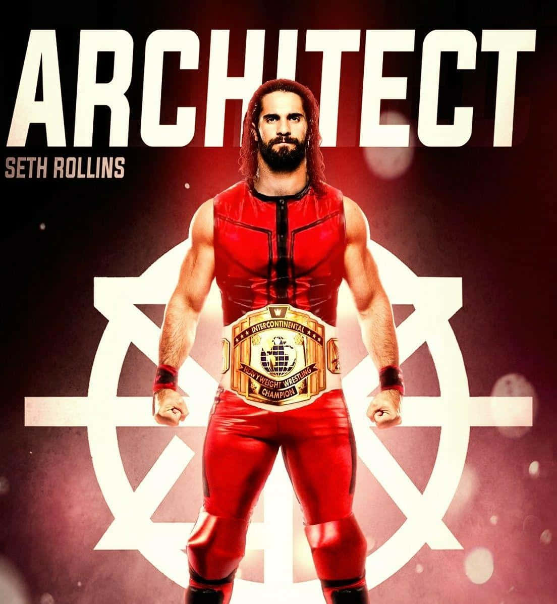 摔角 桌布 壁紙 — 摔角手 Seth Rollins 身穿紅色摔角裝備，自信地站在深色背景前，手持冠軍腰帶，背景帶有發光的白色星爆設計。