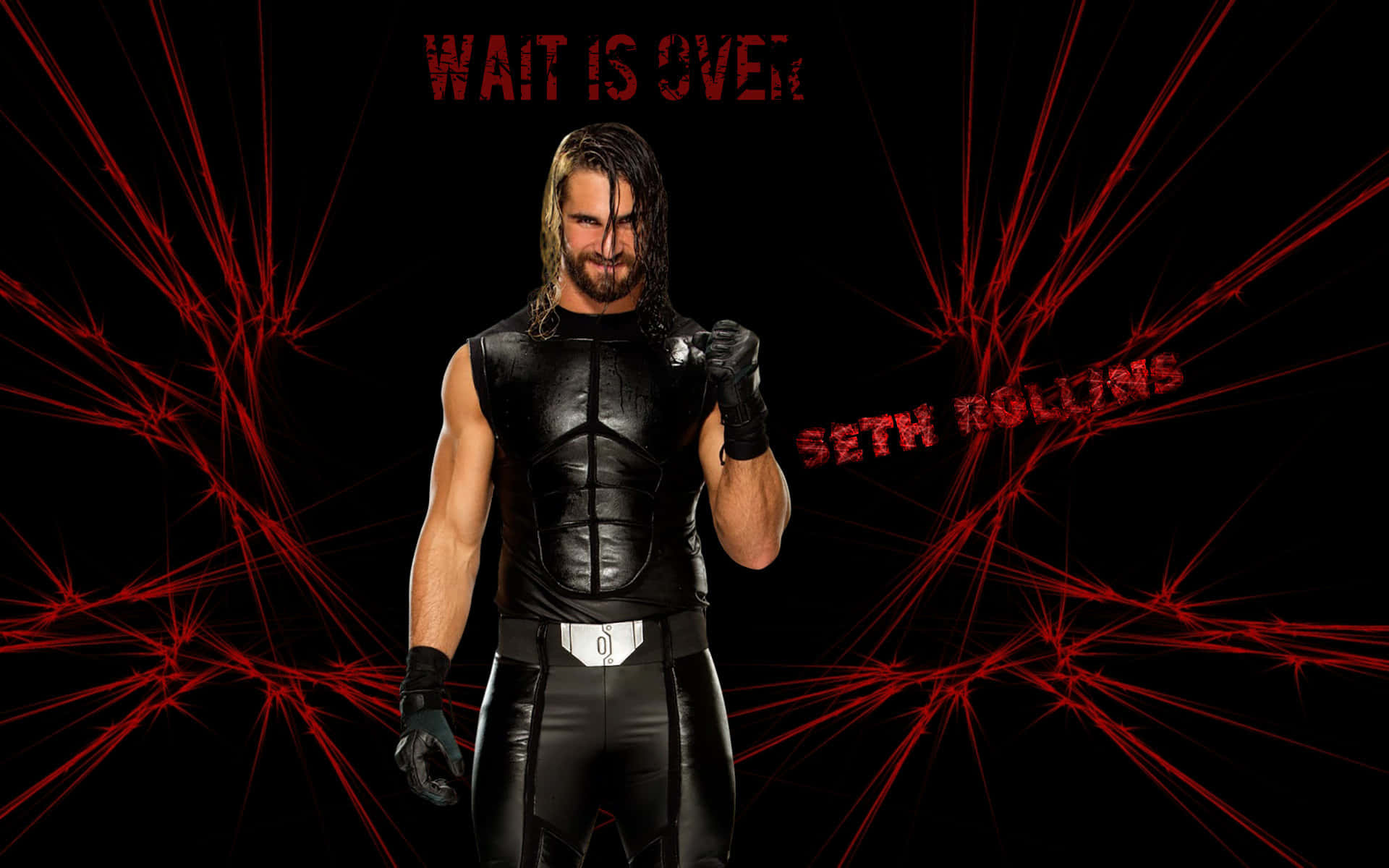 seth rollins 桌布 壁紙 — 摔角手 Seth Rollins 自信地穿著黑色皮革裝備，站在黑色背景前，背景有紅色閃電和粗體文字。