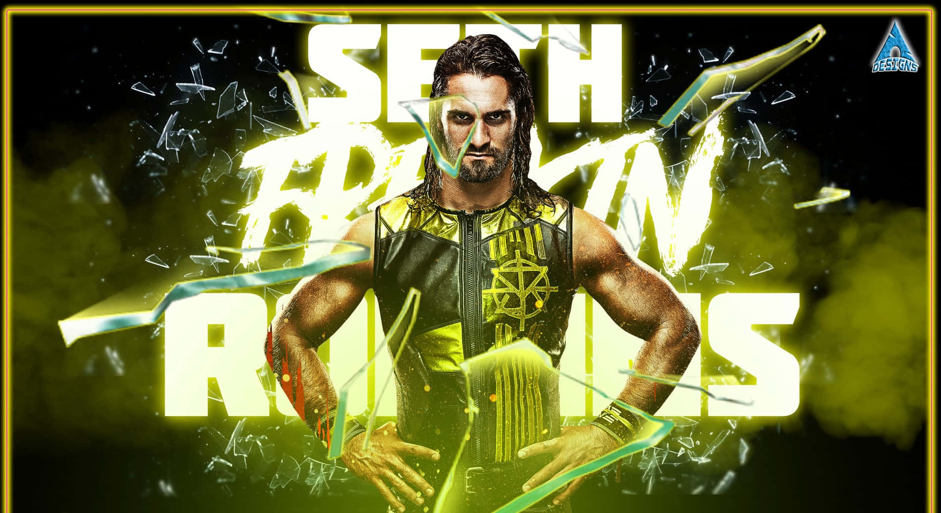 WWE 桌布 壁紙 — 摔角手 Seth Rollins 強勢地站在碎裂玻璃效果中，身後有發光的黃色文字。