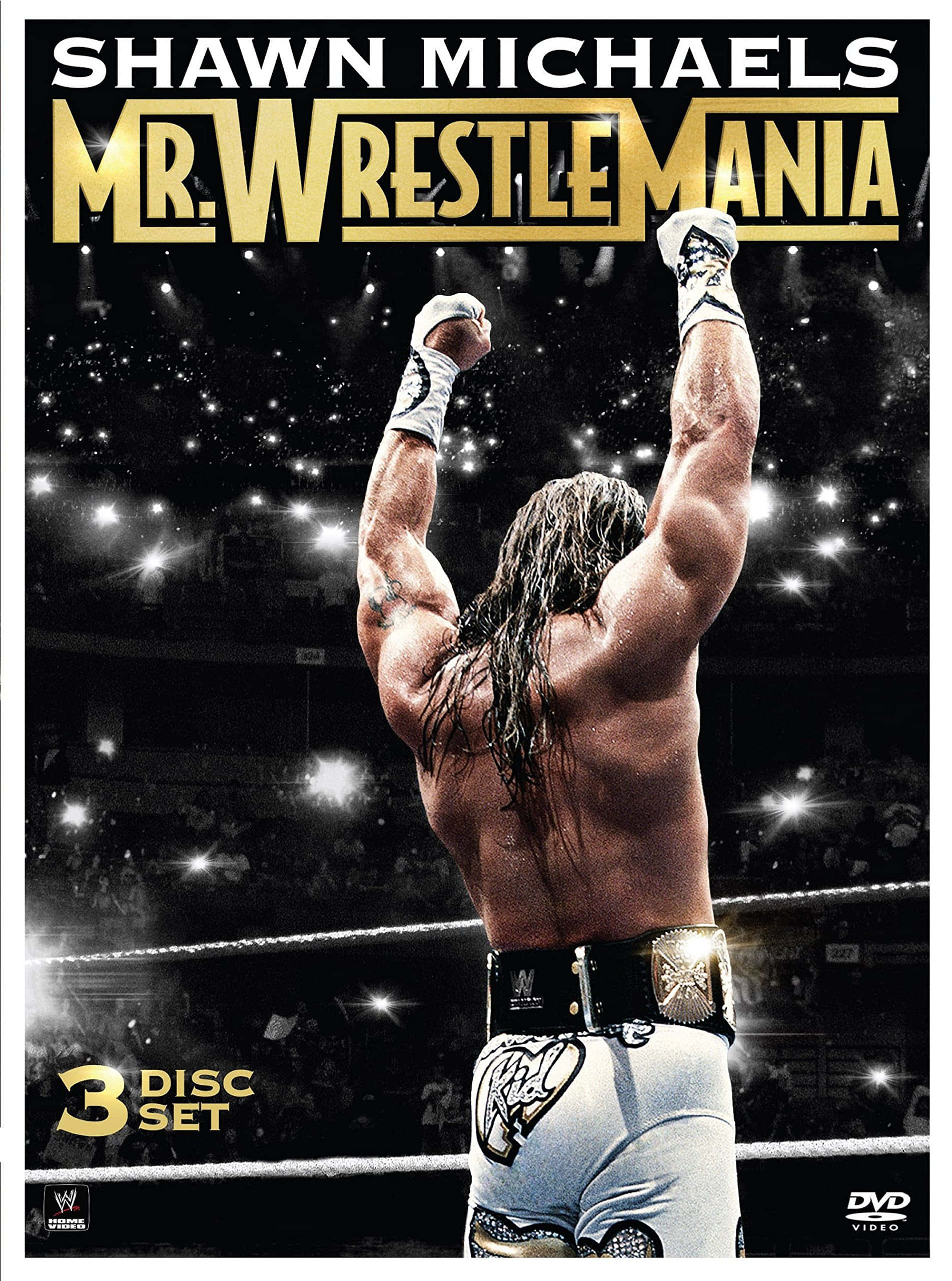 shawn michaels 桌布 壁紙 — 摔角手 Shawn Michaels 在擂台上高舉雙臂，身後體育場燈光閃爍，展現勝利姿態。