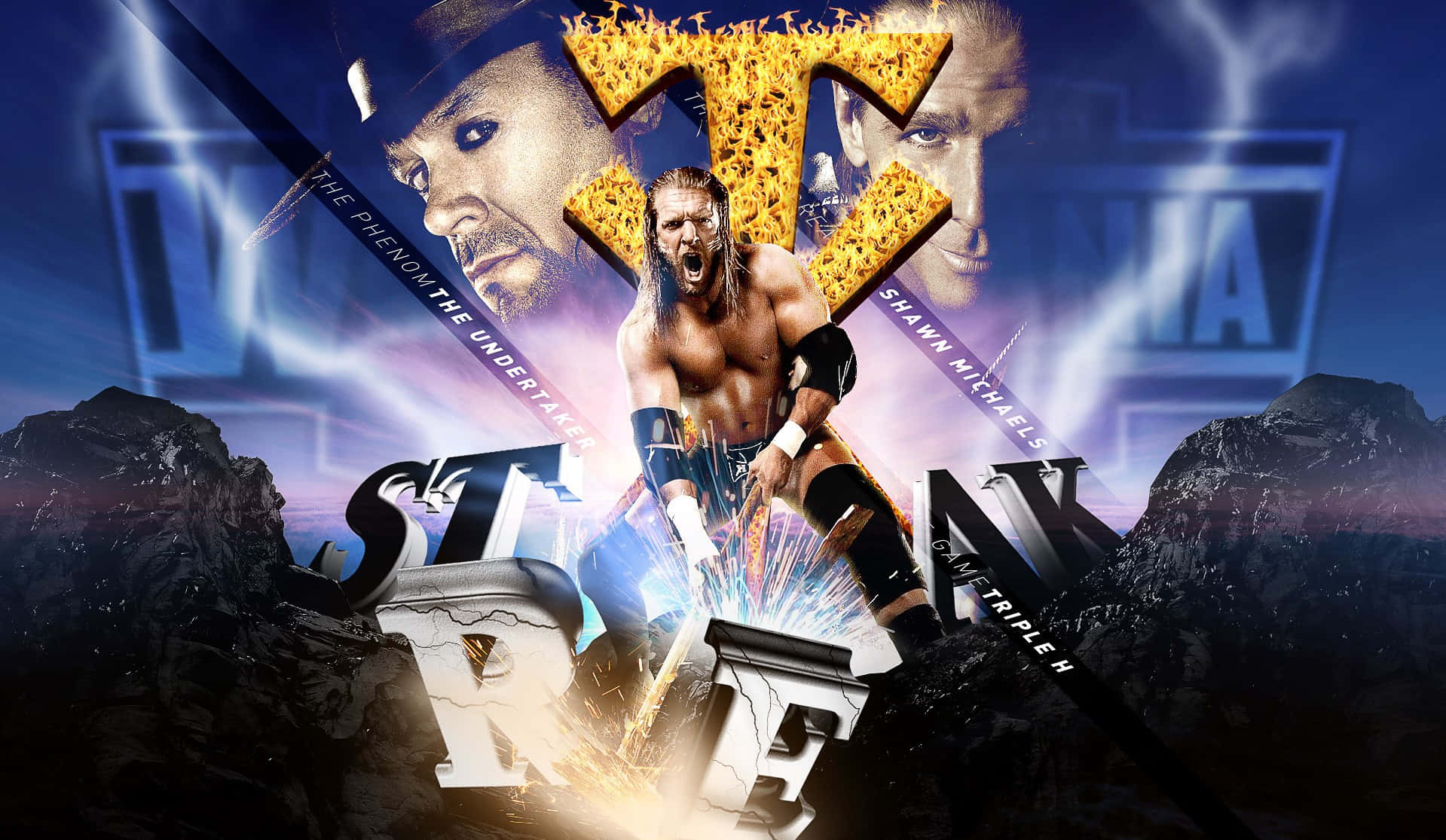 sport 桌布 壁紙 — 摔角手 Shawn Michaels 在黑暗山脈背景下以爆炸性能量衝破石牆。
