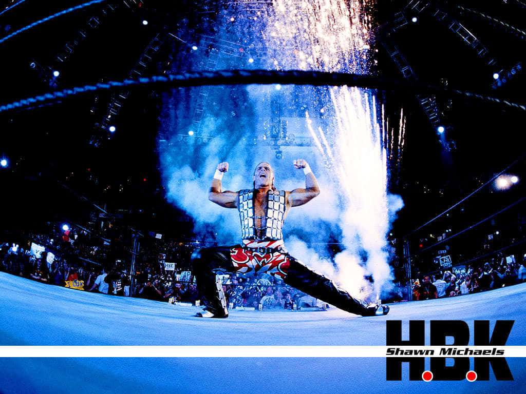 摔角 桌布 壁紙 — 摔角手 Shawn Michaels 在耀眼的藍色舞台燈光和煙霧下，於摔角擂台上擺出勝利姿勢。