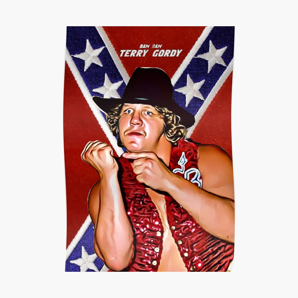摔角 桌布 壁紙 — 摔角手 Terry Gordy 身穿紅色亮片背心及黑色帽子，在聯邦旗背景下自信地擺姿勢。
